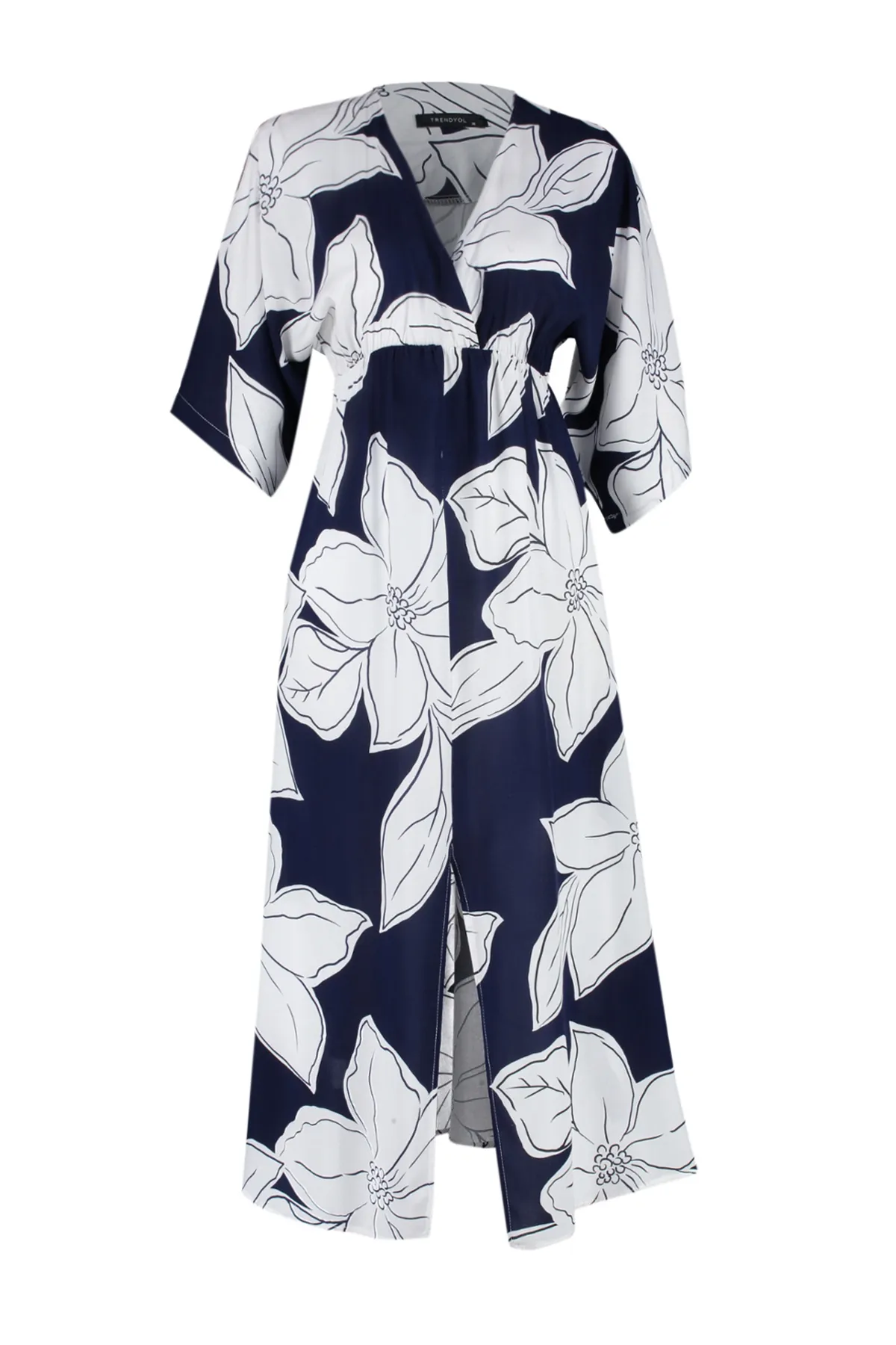 Trendyol Collection  Marineblaues A-Linien-Midikleid aus Webstoff mit Blumenmuster, Zweireiher-Kragen TWOSS24EL00913