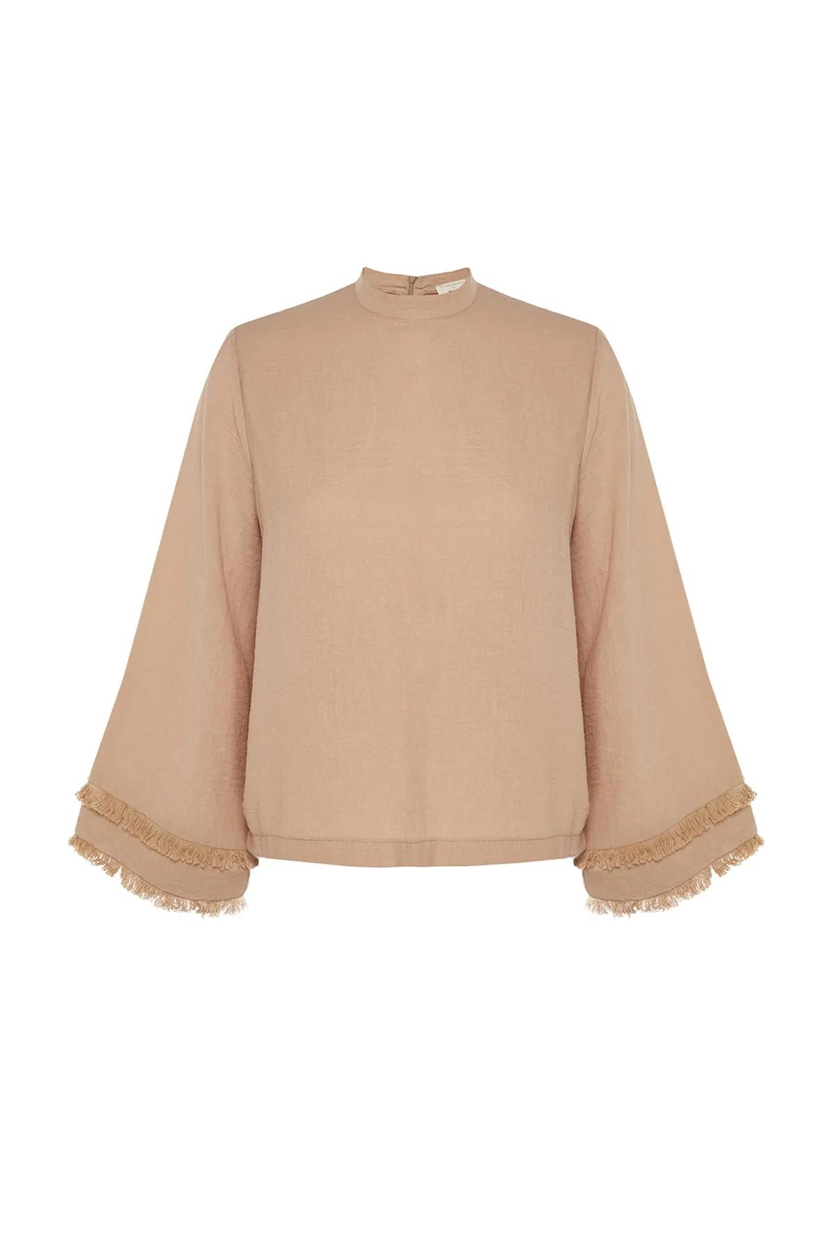 Trendyol Modest  X Kevser Sarıoglu Beige gewebte Tunika mit Stehkragen und Quastendetail TCLSS23UK00008