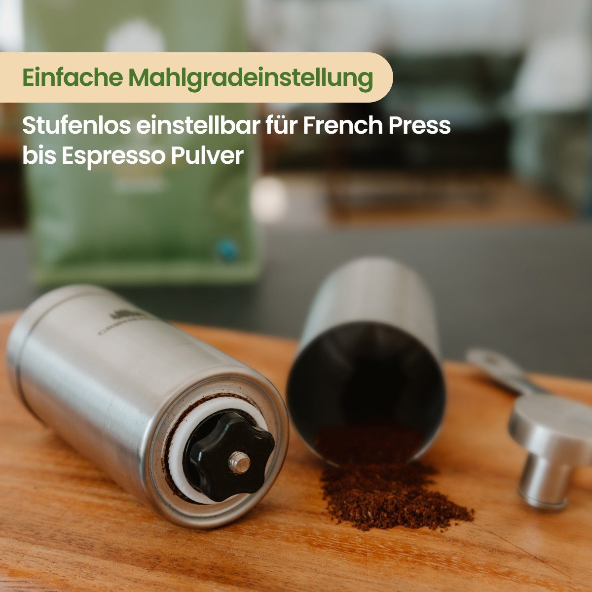 GRØNENBERG Kaffeemühle manuell, Edelstahl Handkaffeemühle, Manuelle Kaffeemühle mit Keramikmahlwerk, 35,00 g Bohnenbehälter, Stufenlos, präzise einstellbar
