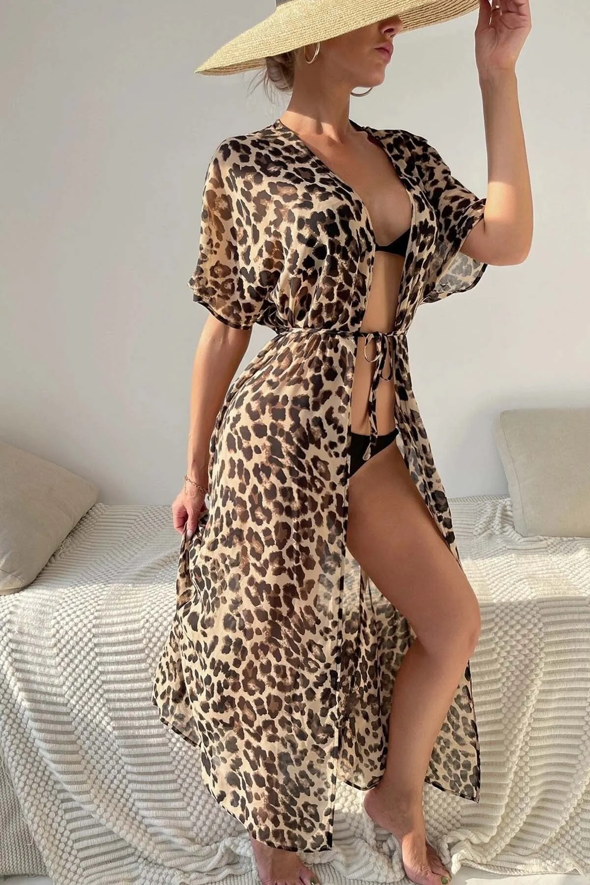 Angelsin  Chiffon-Strandkleid mit Leopardenmuster und langer Vorderseite zum Binden, Pareo-Kimono