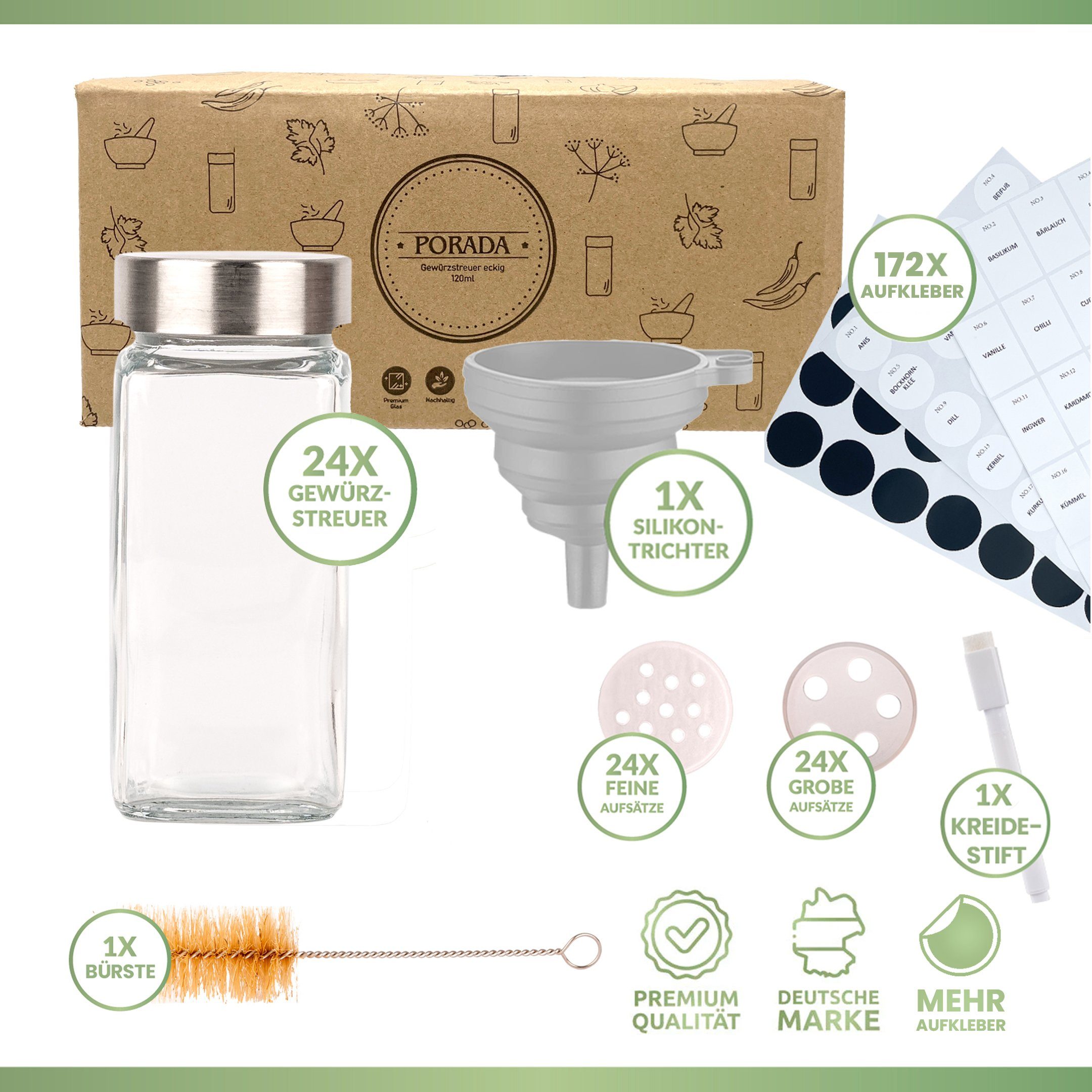 PORADA Gewürzbehälter Gewürzstreuer 120 ml Edelstahl Deckel x172 Etiketten Stift & Trichter, (Set, 24-tlg., 24x Gewürzstreuer 120ml, 120x Aufkleber vorgedruckt, 52x Aufkleber Blank), platzsparend, Edelstahl, luftdicht, aromenneutral