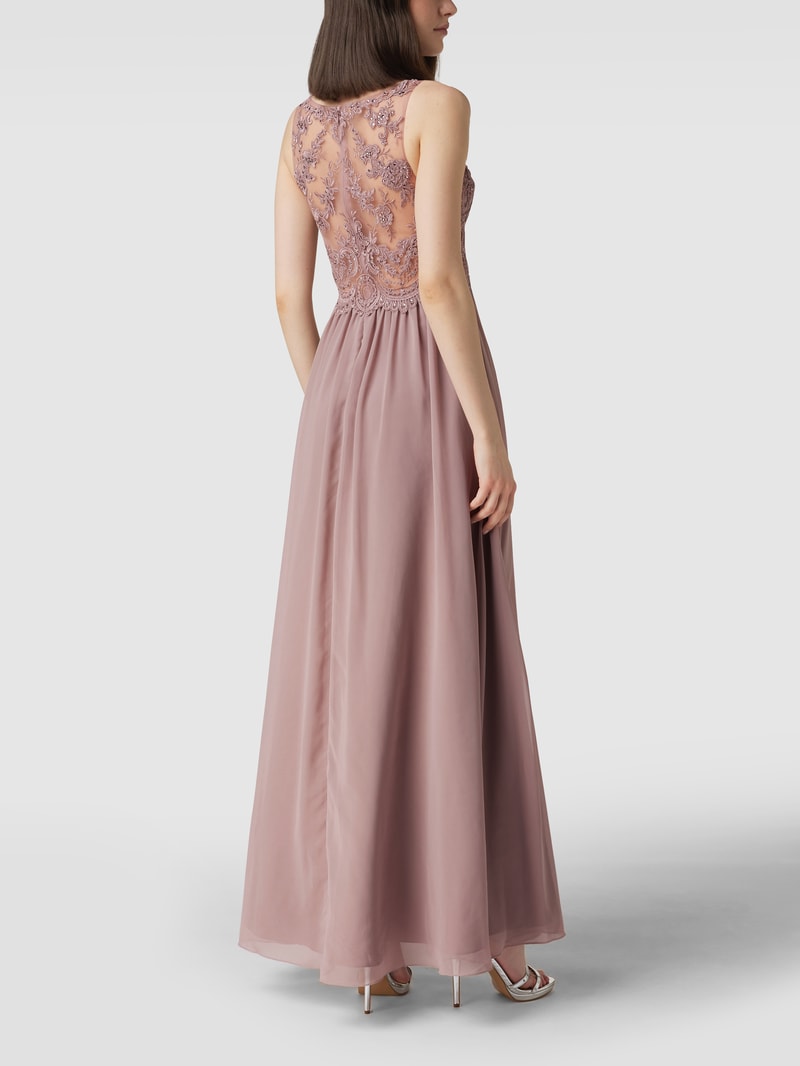 Abendkleid mit Ziersteinen und floralen Stickereien in mauve