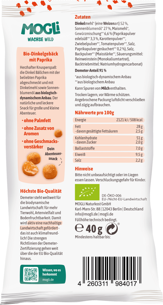 Kindersnack Dinkel Bällchen Paprika, ab 3 Jahren, 40 g