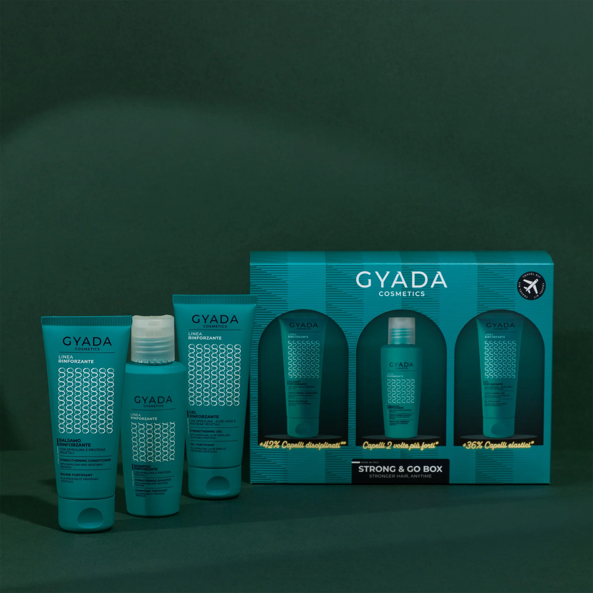 Spirulina Strong & Go Box - Hiussarjat, Vahvistava Hoitoaine, Hiusgeeli, Vahvistava Shampoo