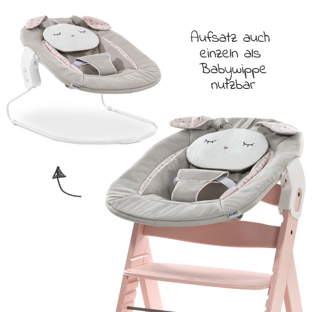 Hauck Hochstuhl Alpha Plus Rose Newborn Set Powder Bunny (Set, 4 St), Holz Babystuhl ab Geburt inkl. Aufsatz für Neugeborene & Sitzauflage