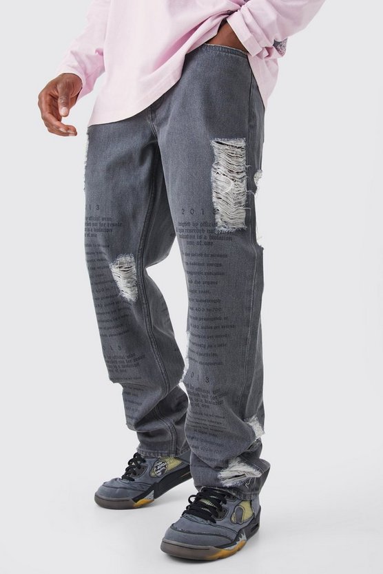 Lockere zerrissene Jeans mit Laser-Text