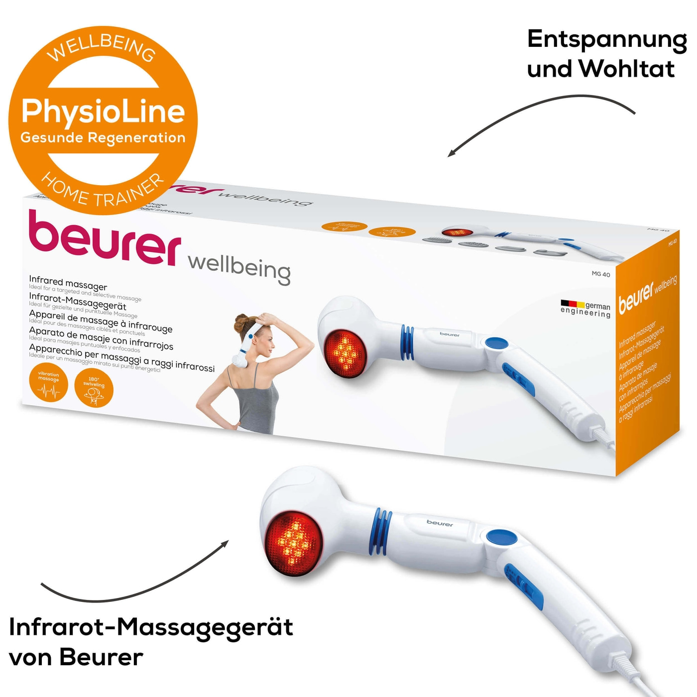 Beurer Infrarot-Massagegerät MG 40-Massagegerät für wohltuende Vibrationsmassage, Infrarotwärme & 4 Aufsätzen