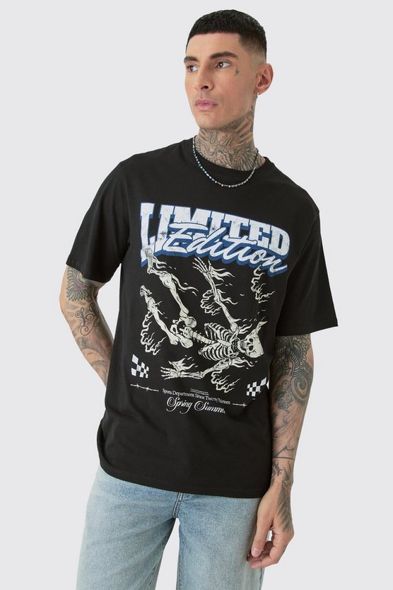 Tall schwarzes Limited Edition T-Shirt mit Skelett-Print