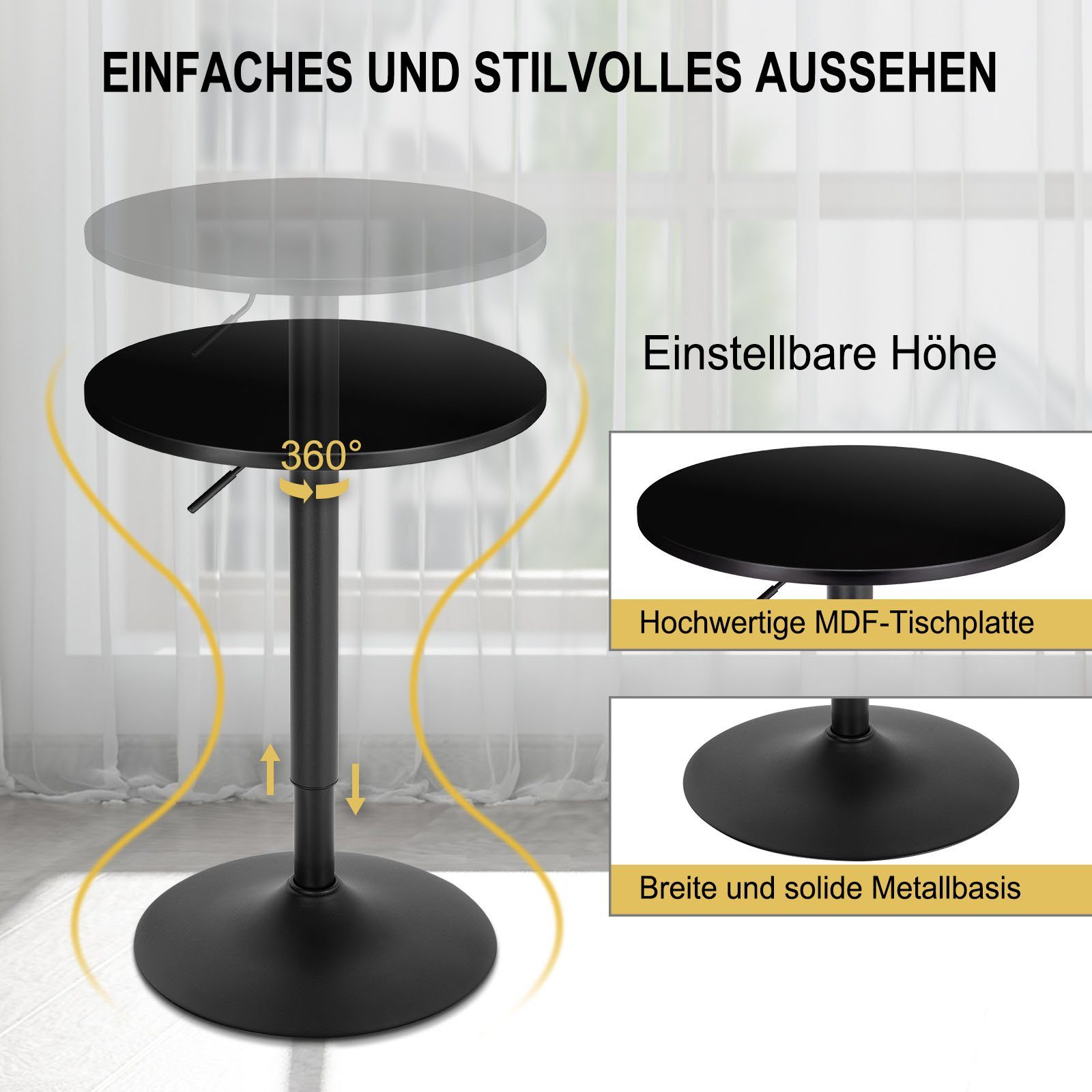 Woltu Bartisch (1-St), runde höhenverstellbare Tischplatte, aus MDF Metall
