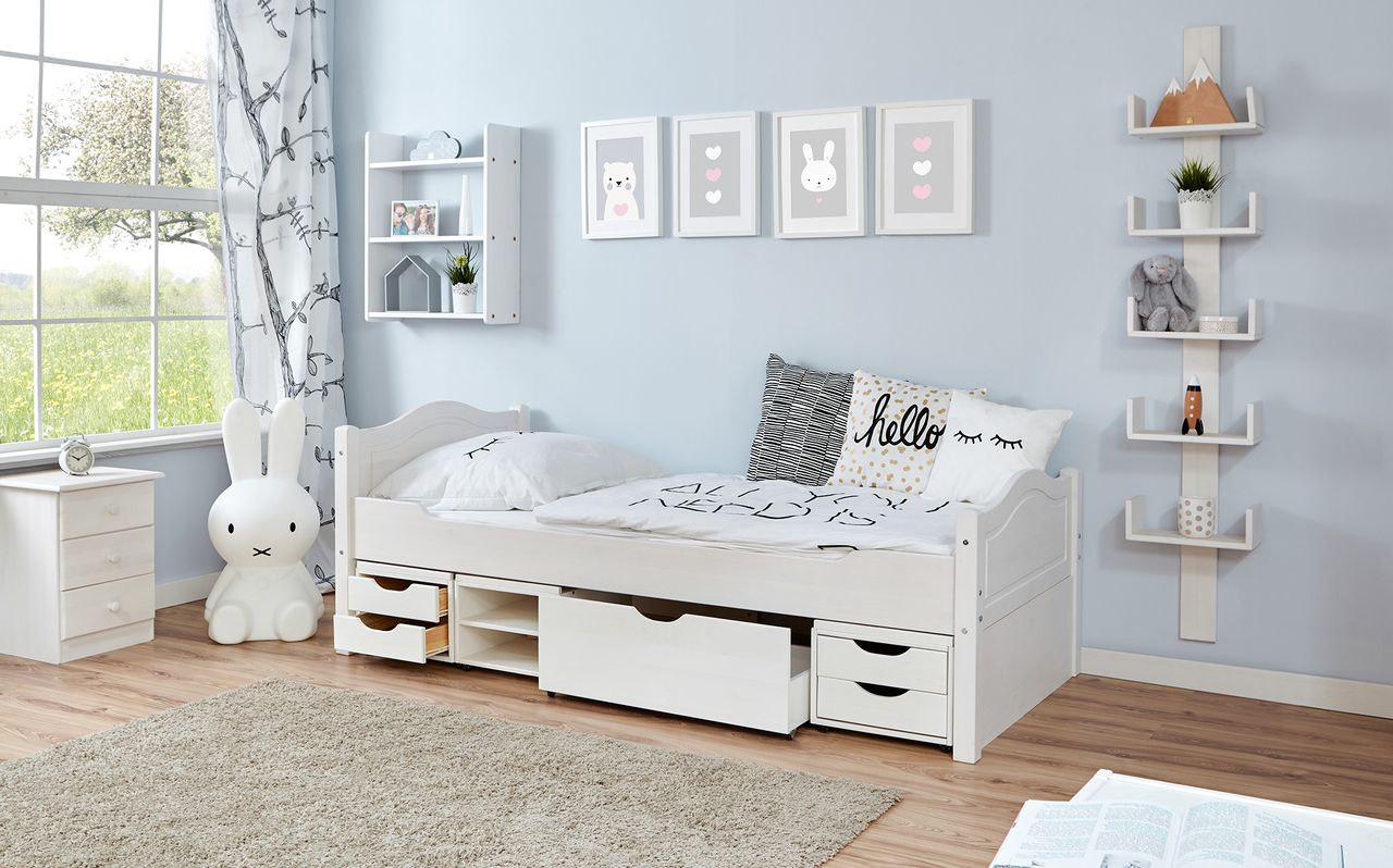 Ticaa Einzelbett Leni Kiefer weiß Var 3 - mit 4er Funktionsschubkasten