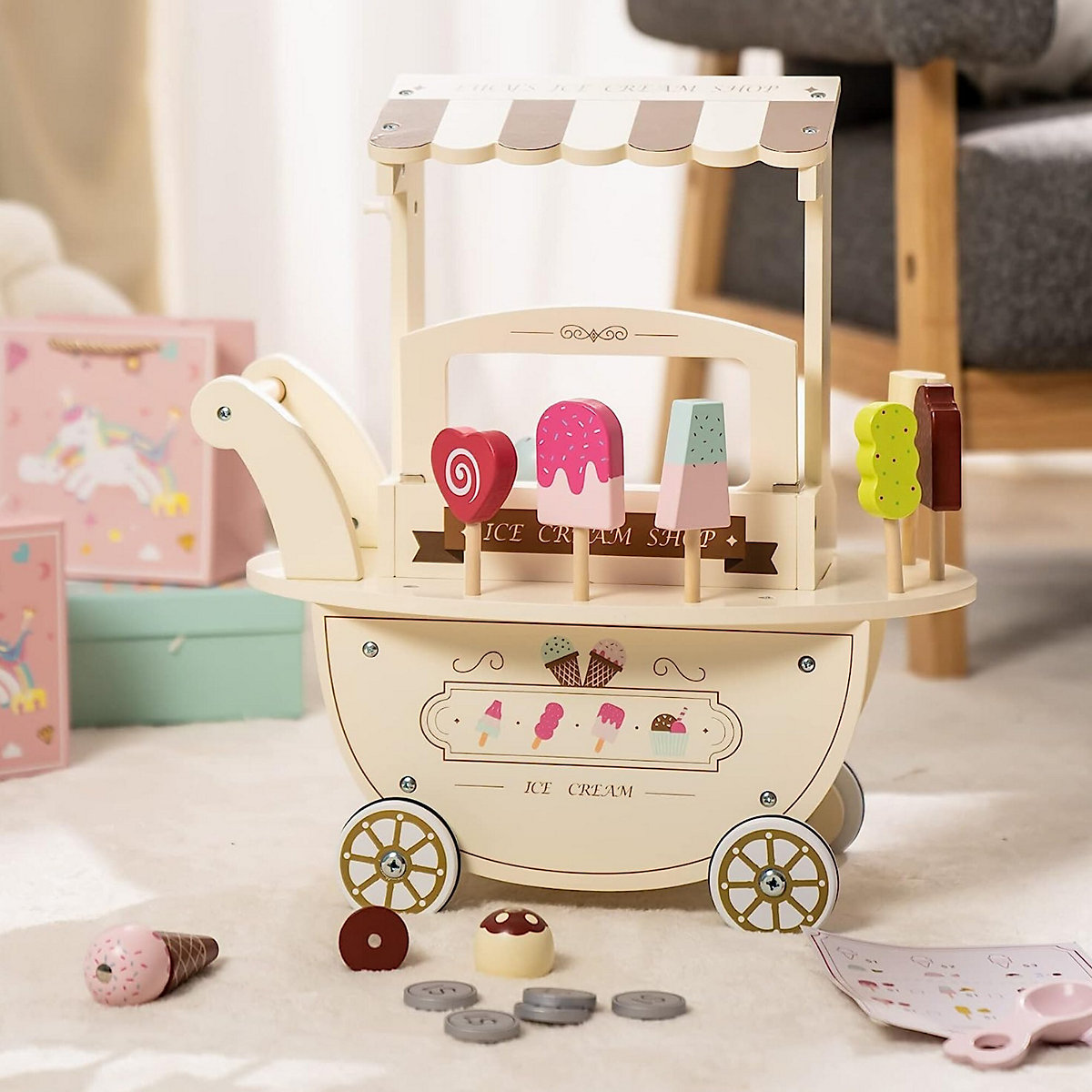 Eisdiele aus Holz auf Rollen für Kinder, Spielzeug Holz Eiswagen mit Zubehör, Eisdiele Spielset, Pädagogisches Spielzeug für Kleinkinder