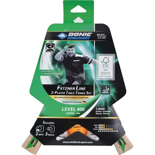 DONIC-SCHILDKRÖT TISCHTENNIS-SET SPEEDY FETZNER 400, 2 SCHLÄGER FSC HOLZ, 3 BÄLLE I