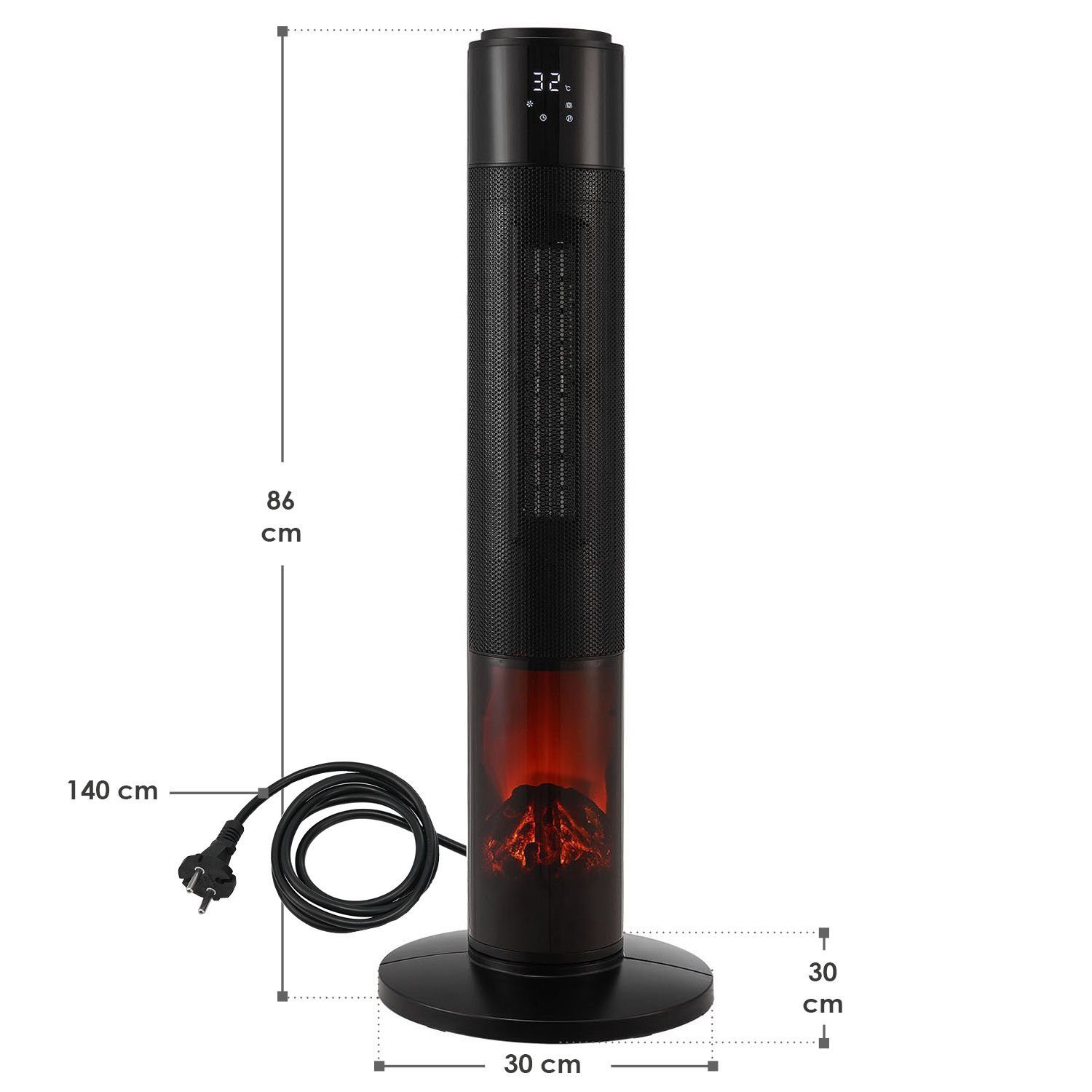 Juskys Heizlüfter Turm-Keramik-Heizer 1000/2000W in Schwarz, 2000 W, 2 Leistungsstufen, 50° Oszillation, LCD, Fernbedienung, Kamineffekt