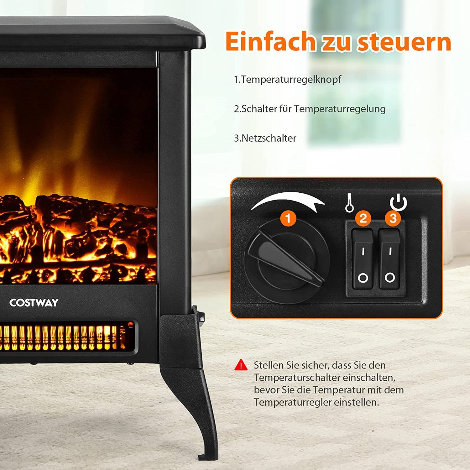 COSTWAY Elektrokamin, 1800W, Flammeneffekt, Temperatur 20-35°C einstellbar