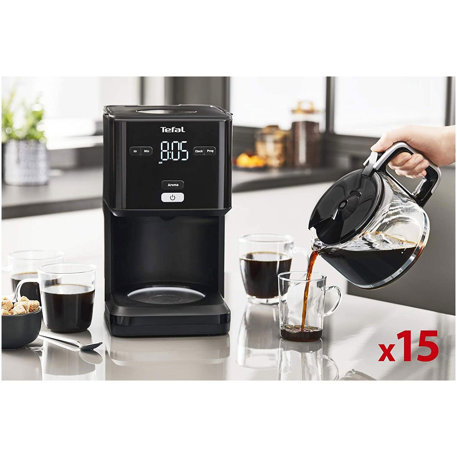 Tefal Filterkaffeemaschine CM600810, 1.25l Kaffeekanne, 24h-Timer, Digitales LCD-Display, Aroma-Funktion, Warmhalte-Funktion