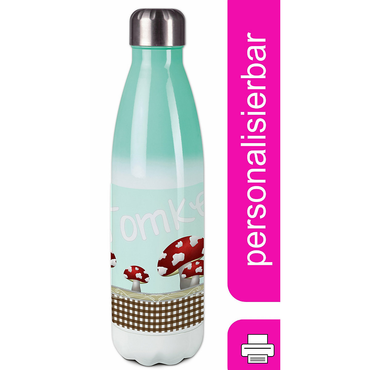 Edelstahl Kinder Thermoflasche / Trinkflasche bunt Pilz Farbe hellblau Spülmaschinenfest, Auslaufsicher, Bruchfest, Doppelwandig, Für Heißgetränke geeignet, Mit Deckel, Isoliert