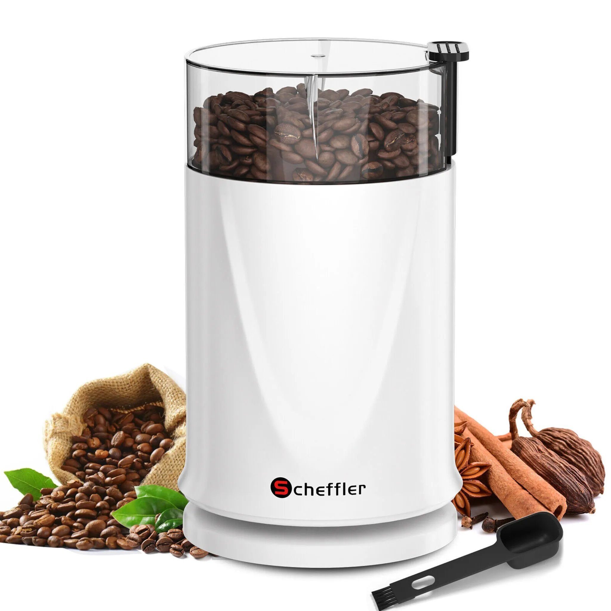 Scheffler Kaffeemühle 200W Elektrische Kaffeemühle mit 304 Edelstahlmesser, 200,00 W, Schlagmesser, 50,00 g Bohnenbehälter, 50g Kapazität