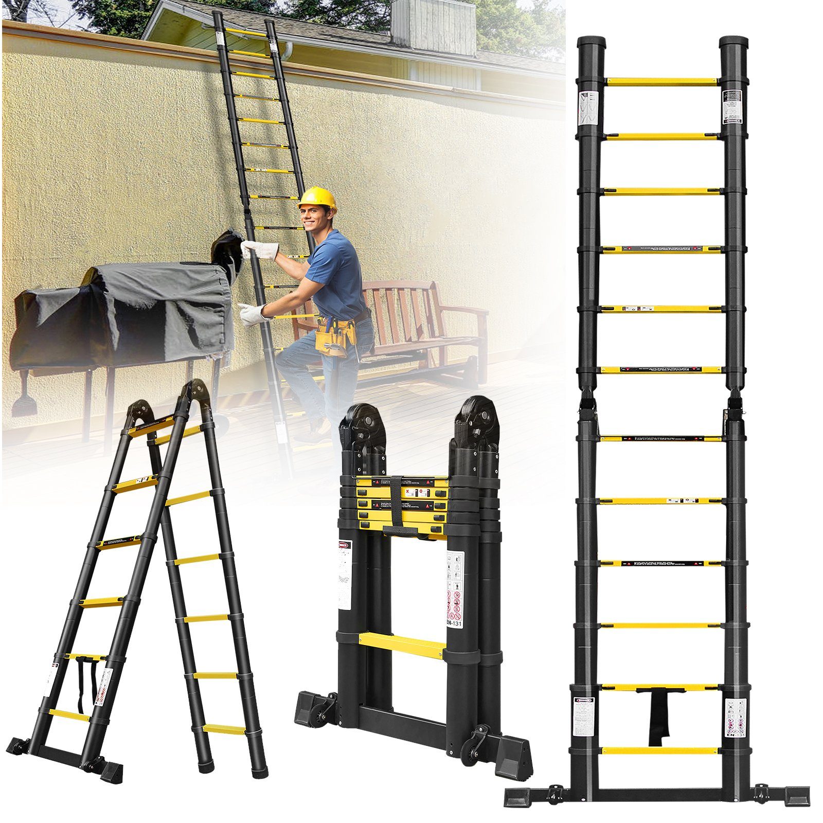 AUFUN Teleskopleiter Alu-Klappleiter, max 150 kg Belastbarkeit, 3,8m/5m