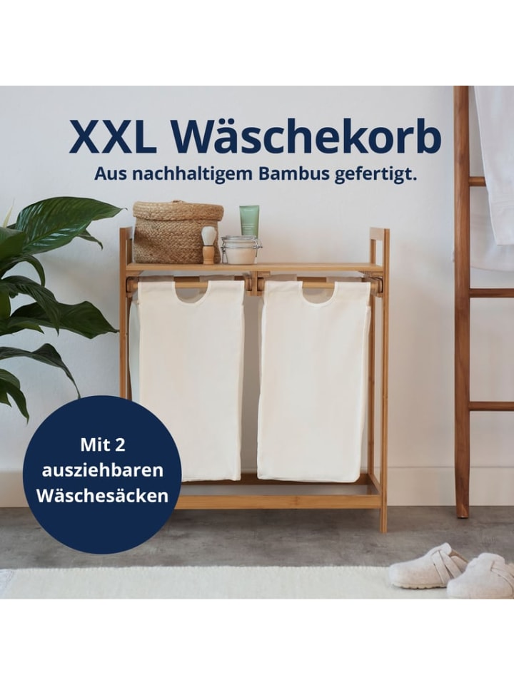 Lumaland Lumaland Wäschekorb aus Bambus mit 2 ausziehbaren Wäschesäcken - Farbe Weiß günstig kaufen onesize