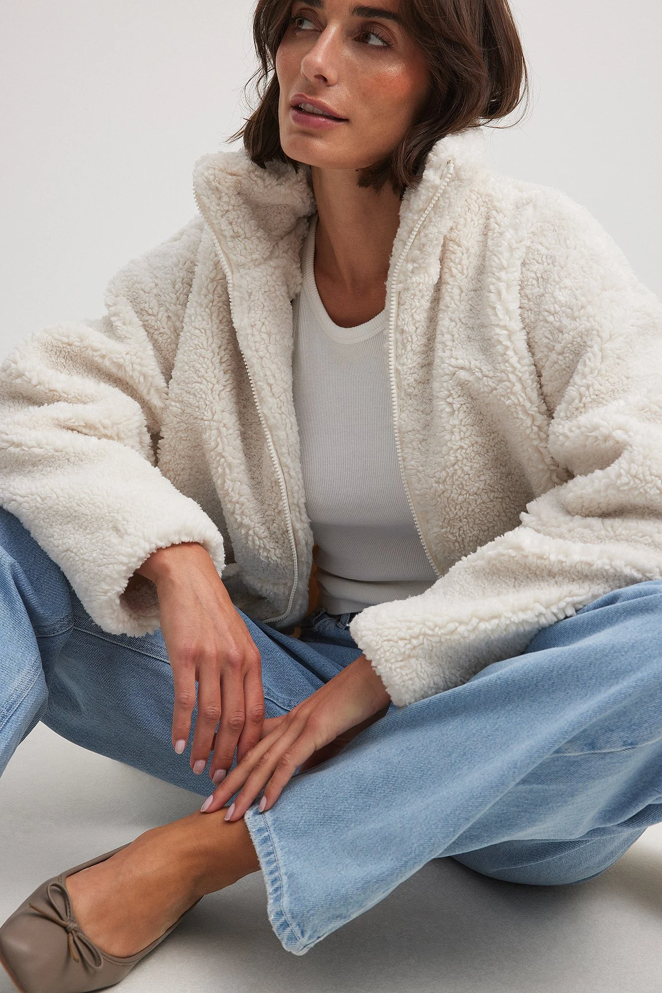 Recycelte lange Teddy-Jacke mit Reißverschluss