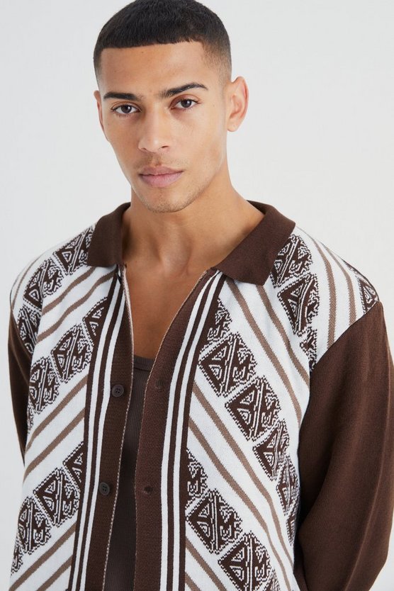 Langärmliges geripptes Jacquard-Hemd mit Kragen