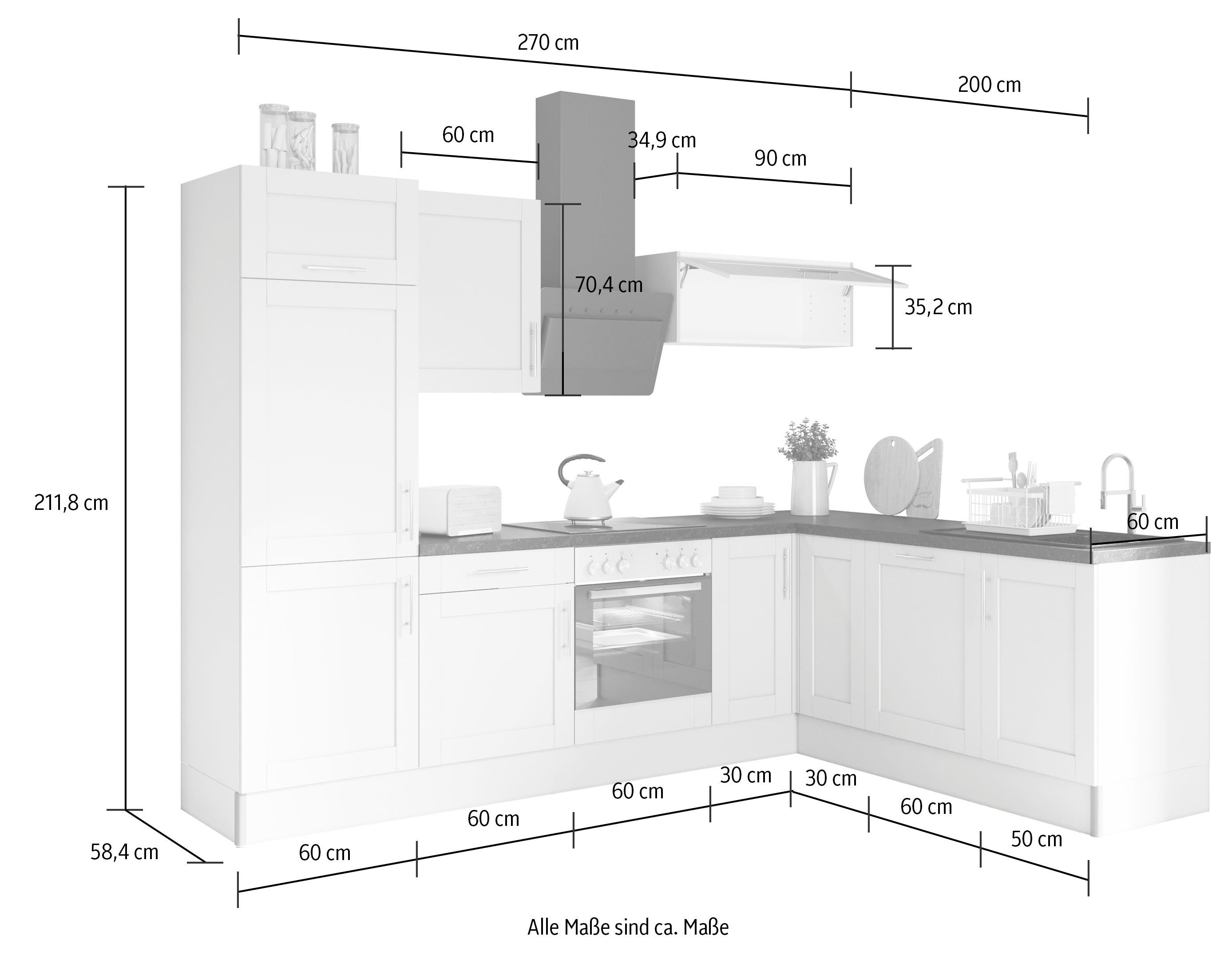 OPTIFIT Küche Ahus, 200 x 270 cm breit, ohne E-Geräte, Soft Close Funktion, MDF Fronten