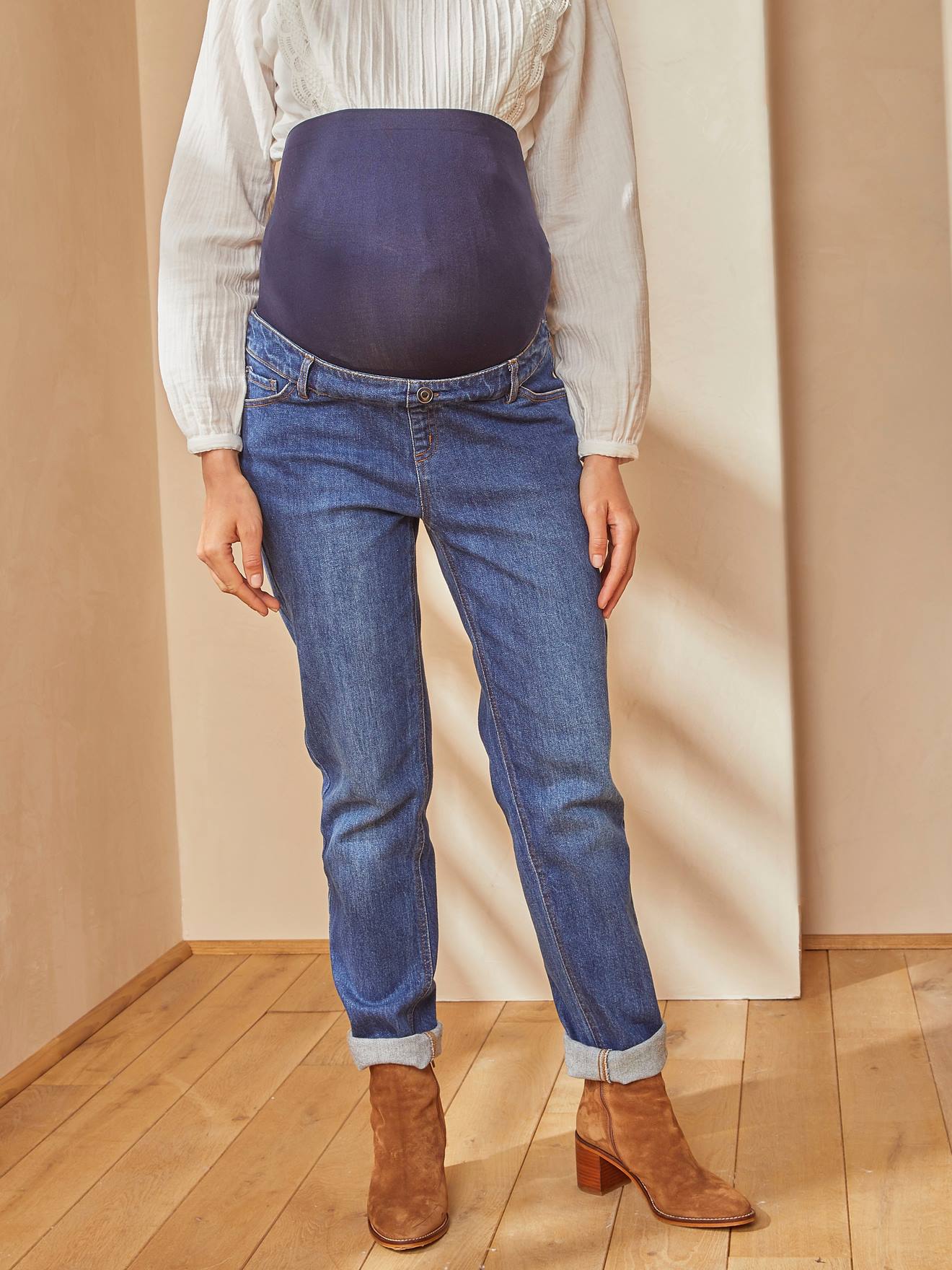 Jean mom de grossesse bandeau sans couture gris