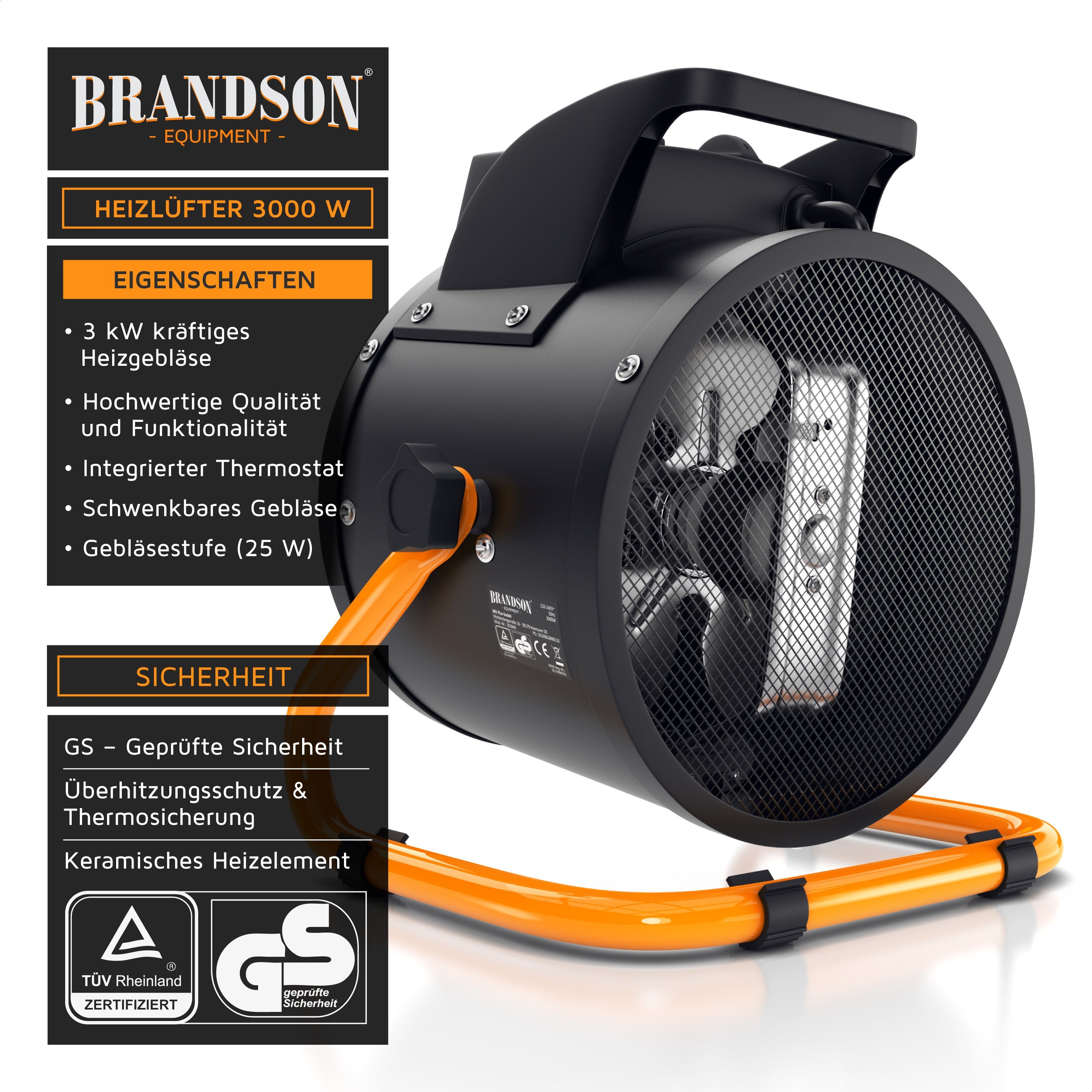 Brandson Keramikheizlüfter, 3000 W, Baustellen Heizlüfter - Heizgebläse 3 kW / Keramik Elektroheizgebläse