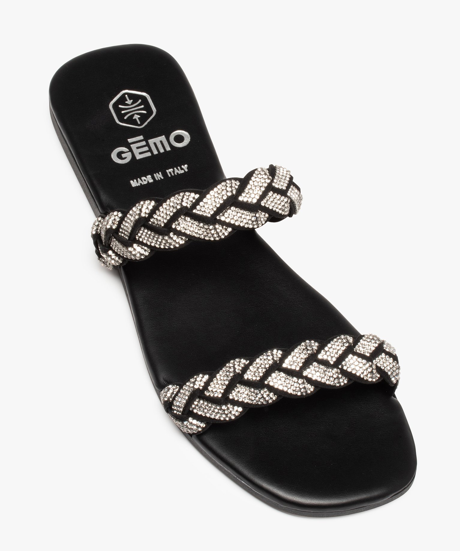 Mules femme à talon plat et brides strass tressées noir | GEMO