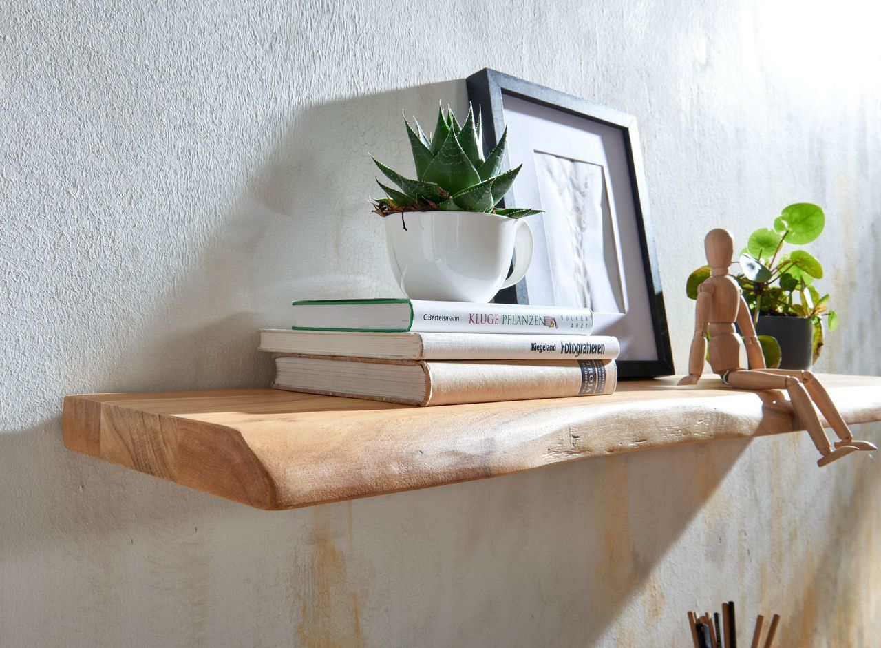 Skyport WOHNLING Wandregal Baumkante Akazie Holz Design Schweberegal 120 cm Regal Massiv