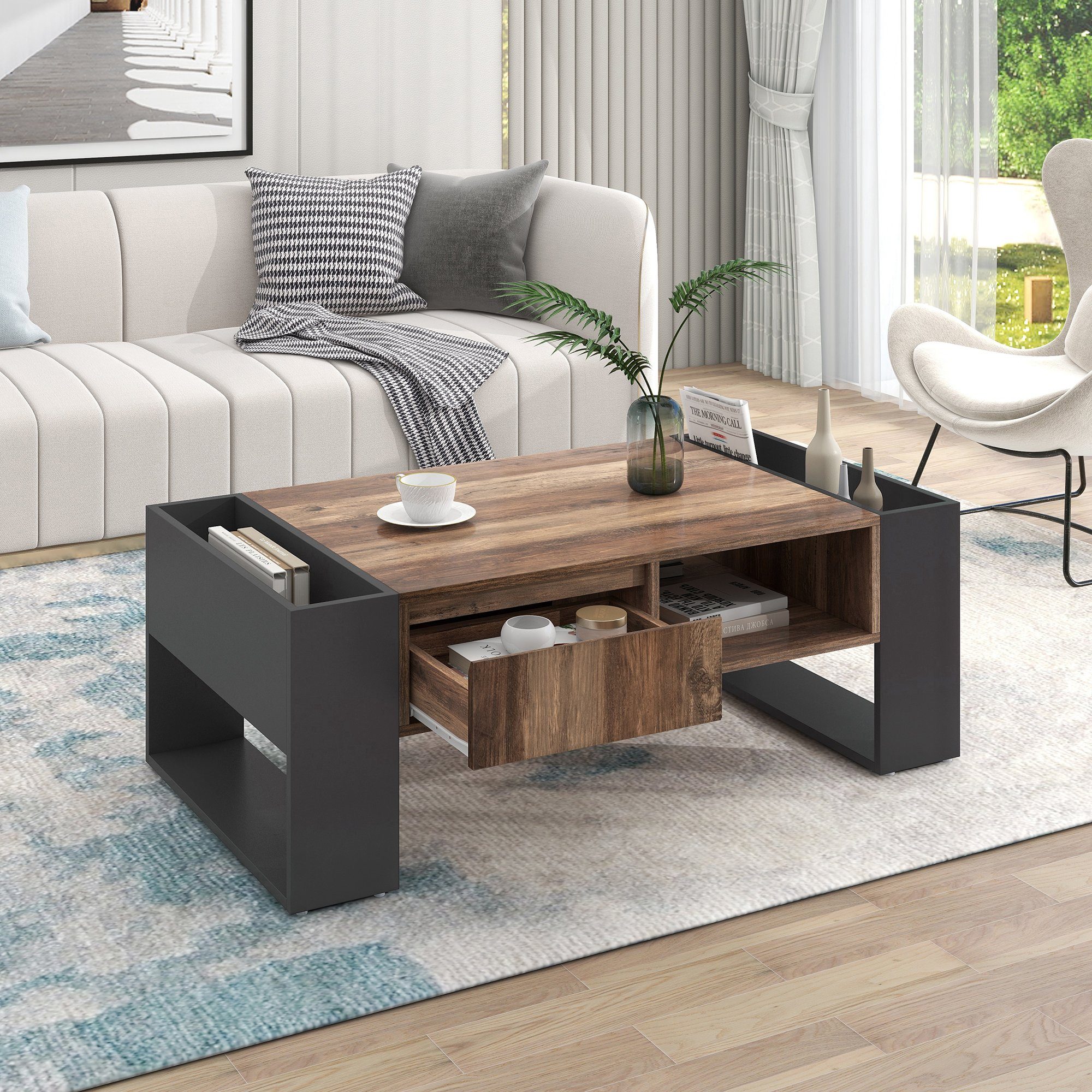 PFCTART Couchtisch Holzmaserun Couchtisch,Heckstaufach, doppelseitiger Stauraum