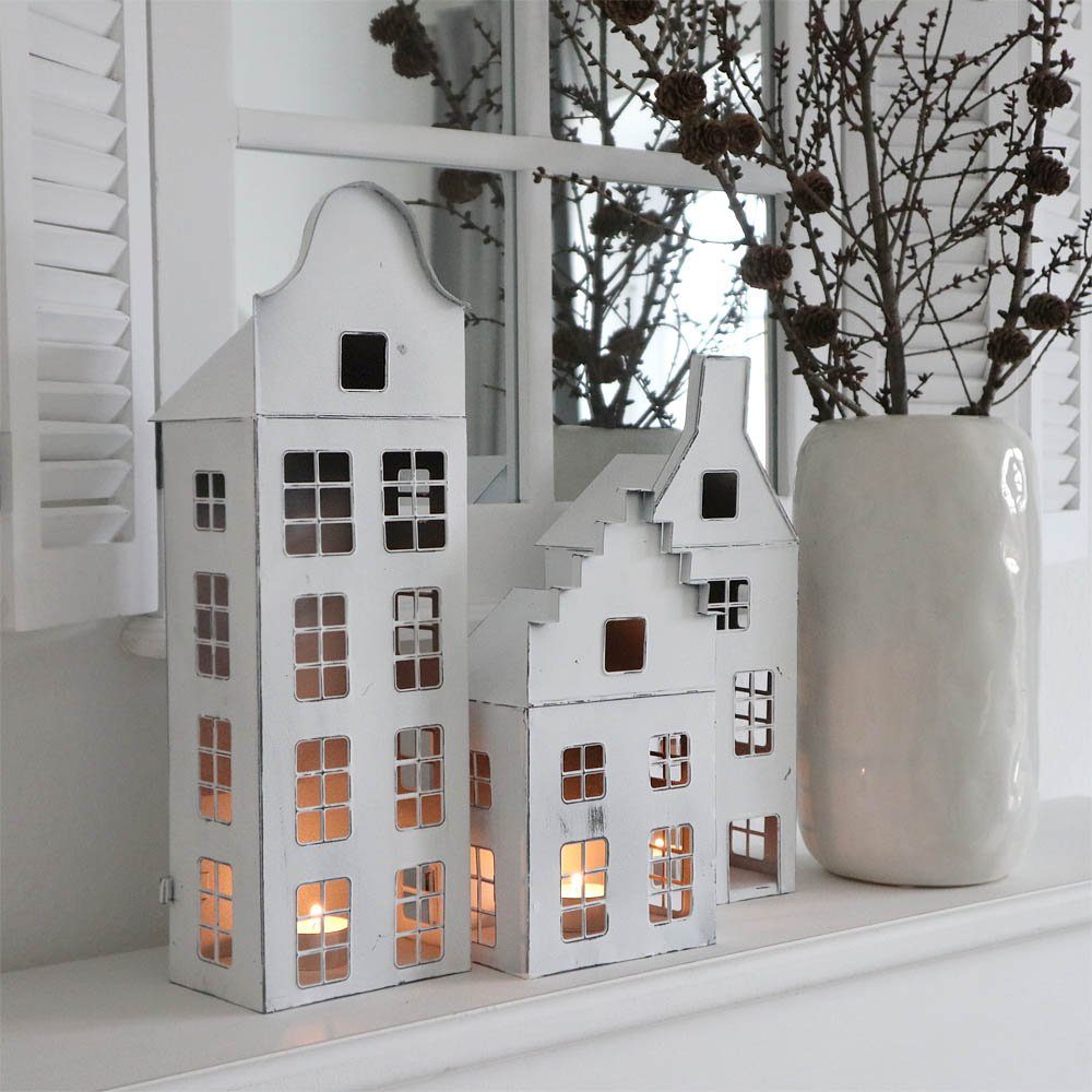 Grafelstein Teelichthalter Laterne MAISON weiß shabby chic Metallhaus beleuchtet H33cm Dekohaus