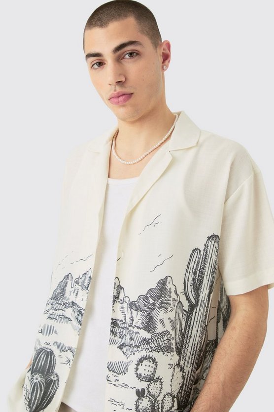 Oversized Linen Look Cactus Print Shirt