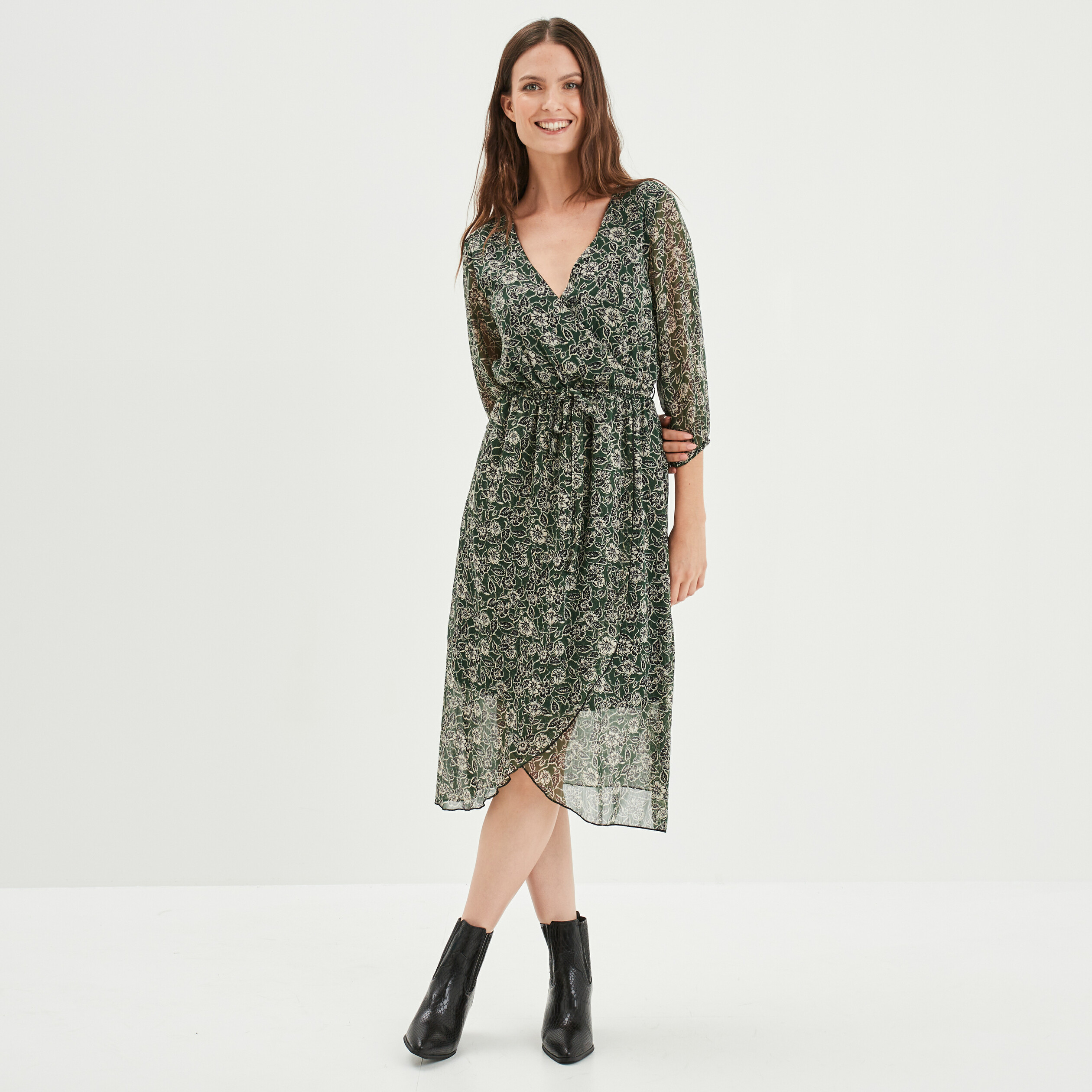 Robe midi fluide col cache-coeur vert foncé femme | La Halle