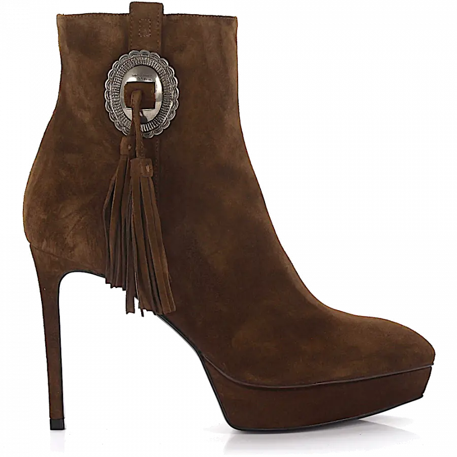 Saint Laurent - Stiefeletten Veloursleder Bommel Metallverzierung braun - braun