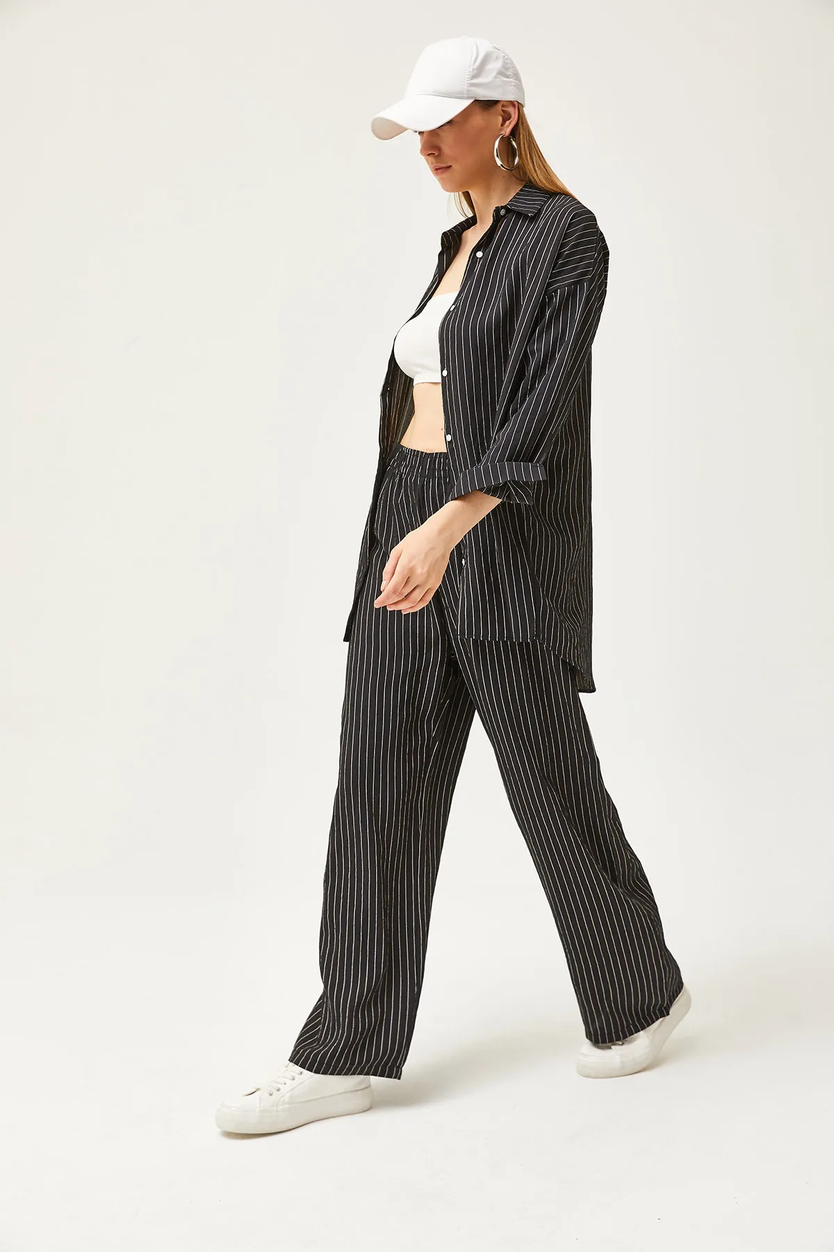 Olalook  Schwarzes gestreiftes Hemd-Hosen-Set für Damen TKM-19000282