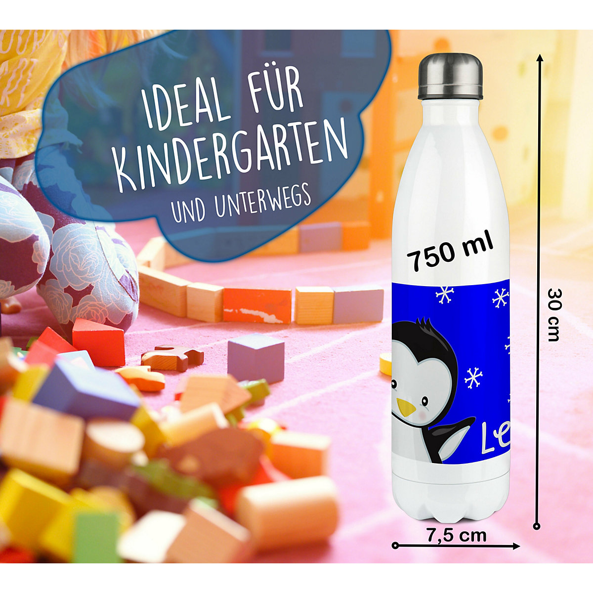 Edelstahl Kinder Thermoflasche / Trinkflasche bunt Pinguin Farbe blau Spülmaschinenfest, Auslaufsicher, Bruchfest, Doppelwandig, Für Heißgetränke geeignet, Mit Deckel, Isoliert