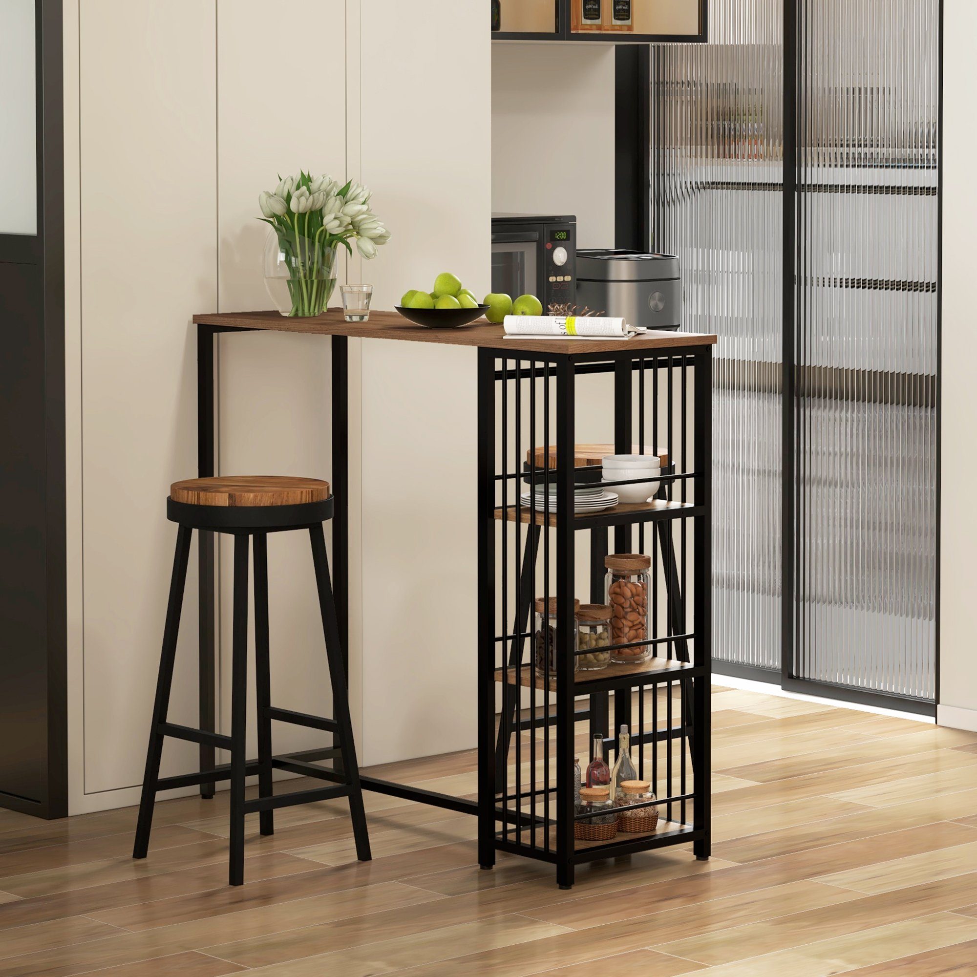 HOMCOM Bartisch Küchentisch, Rundtisch, Tisch für 2 Personen, Industriell (Tresentisch, 1-St., Stehtisch), mit 3 Regale