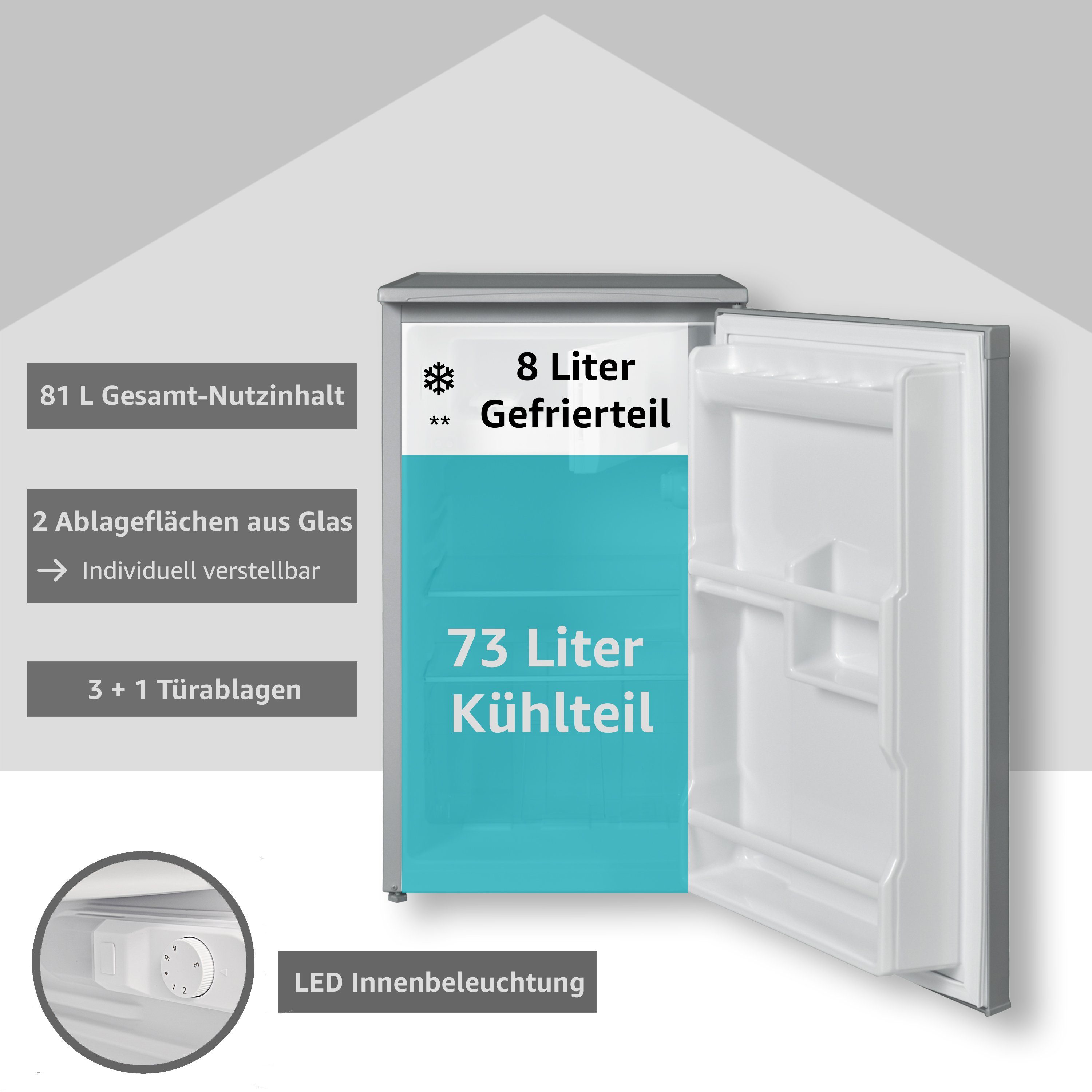 Telefunken Kühlschrank CF-32-151-S, 83.8 cm hoch, 48 cm breit, Tischkühlschrank mit Gefrierfach, 81 L Gesamt-Nutzinhalt