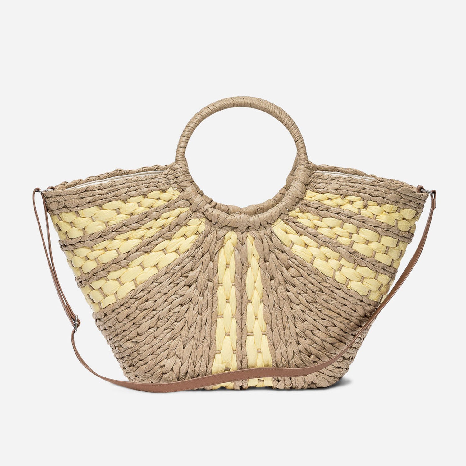 Panier beige foncé et jaune en papier tressé avec bandoulière