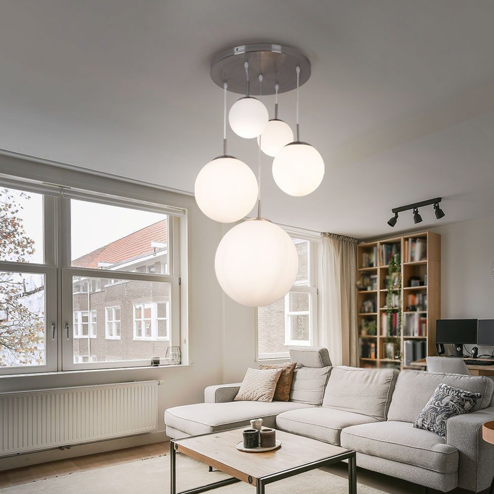 Globo Kugelleuchte, Leuchtmittel nicht inklusive, Hängeleuchte Wohnzimmerlampe 5-flammig Glas Schirm Kugel silber H 90cm