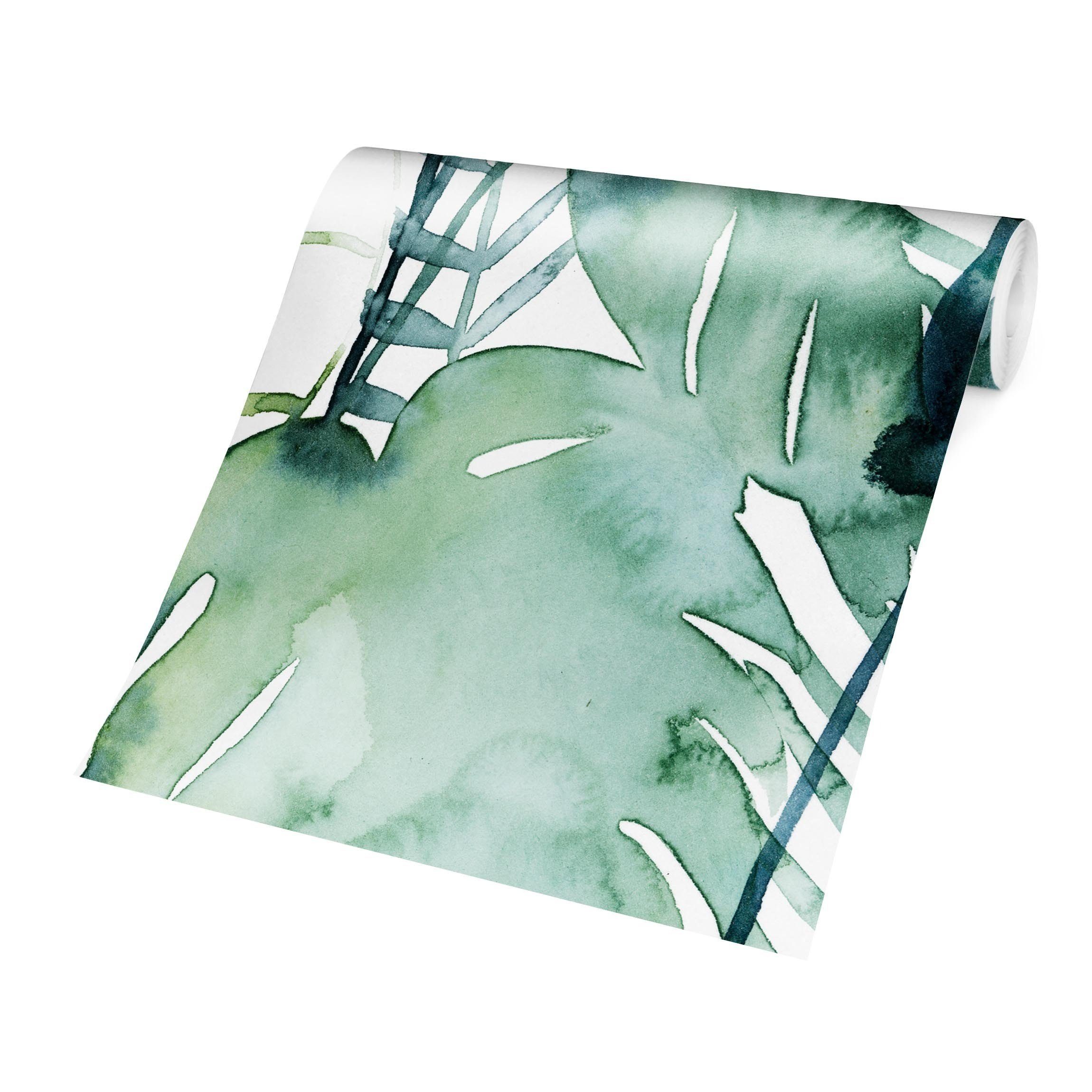 Bilderdepot24 Mustertapete Muster Palmwedel Wasserfarbe Aquarell Pastell Grün Tropical Natur, Glatt, Matt, (Inklusive Gratis-Kleister oder selbstklebend), Wohnzimmer Schlafzimmer Küche Flur gemusterte Vliestapete Wandtapete