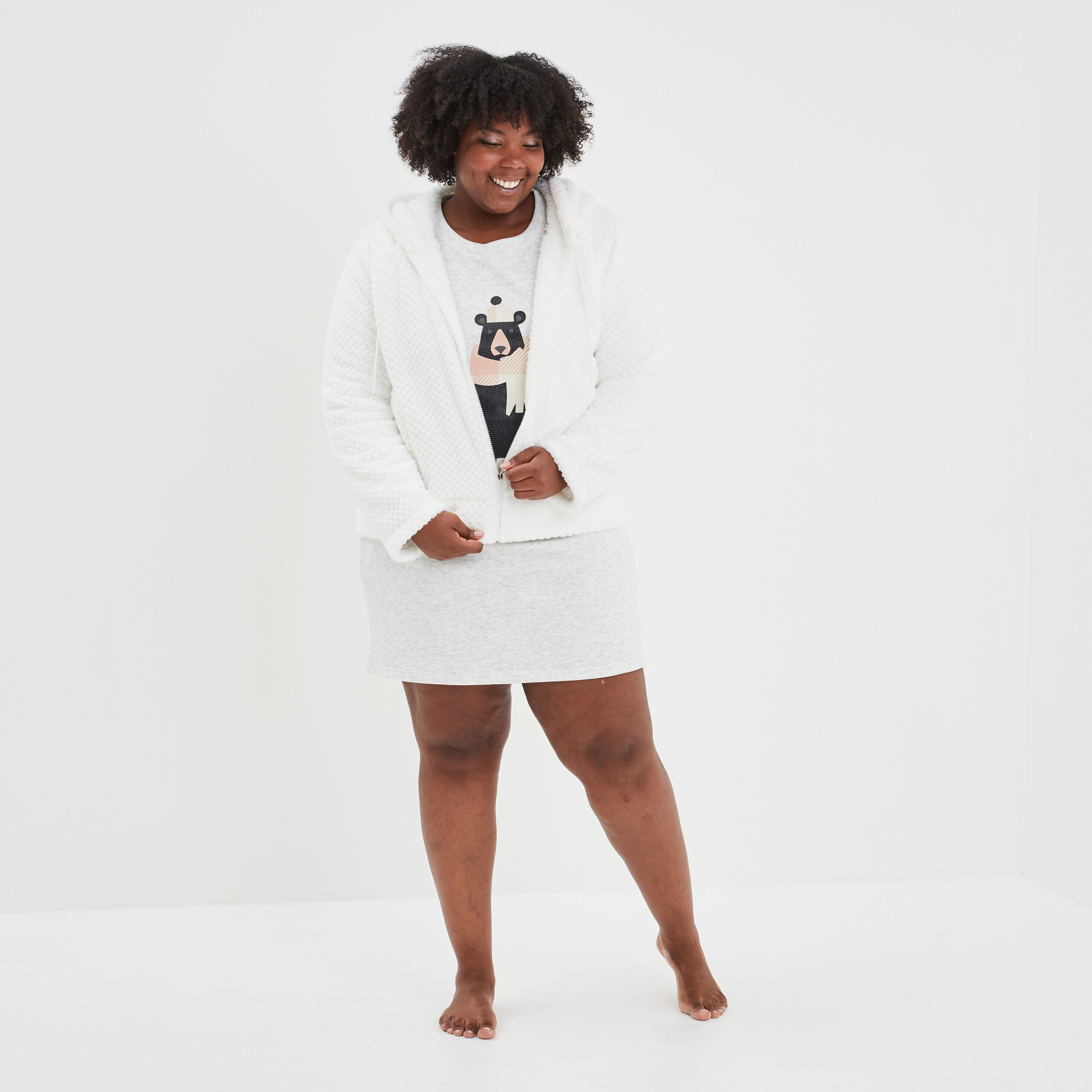 Gilet de pyjama pilou à capuche ivoire femme grande taille | La Halle