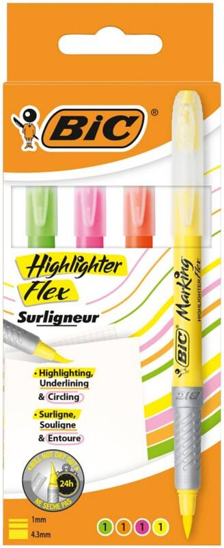 BIC Flex Textmarker Farbig sortiert Fein Keilspitze 1 - 4,3 mm Nicht nachfüllbar 4 Stück