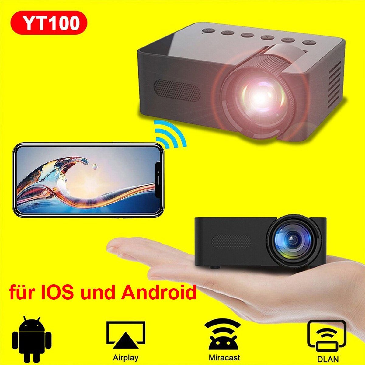 Yoyaxi Home Black Micro tragbarer Mini-Projektor LED-Beamer (Drahtlose HD-Projektion für kleine Mobiltelefone für zu Hause)