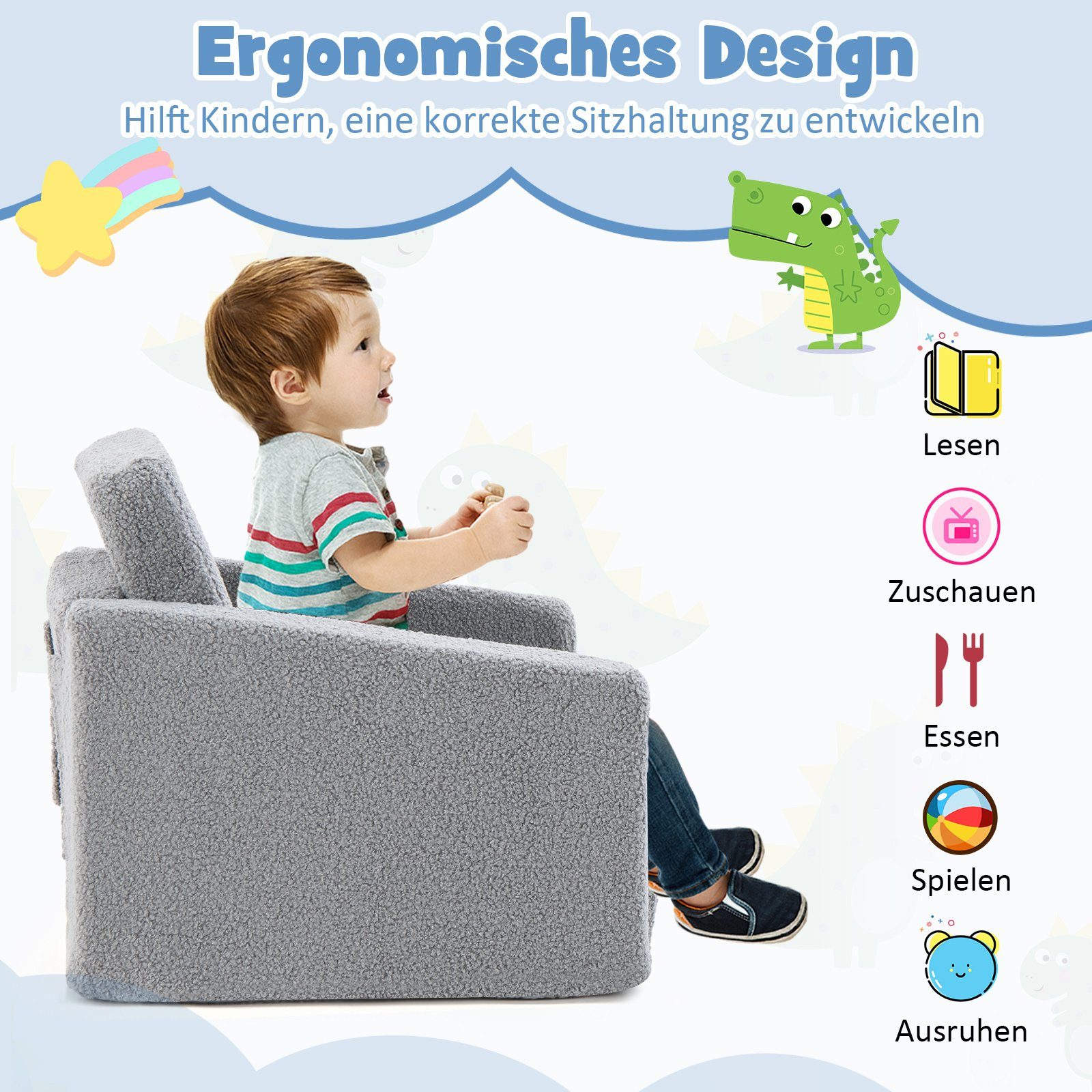 COSTWAY Kindersofa 2 in 1 Schlafsofa, klappbar, 60 x 43 x 40cm