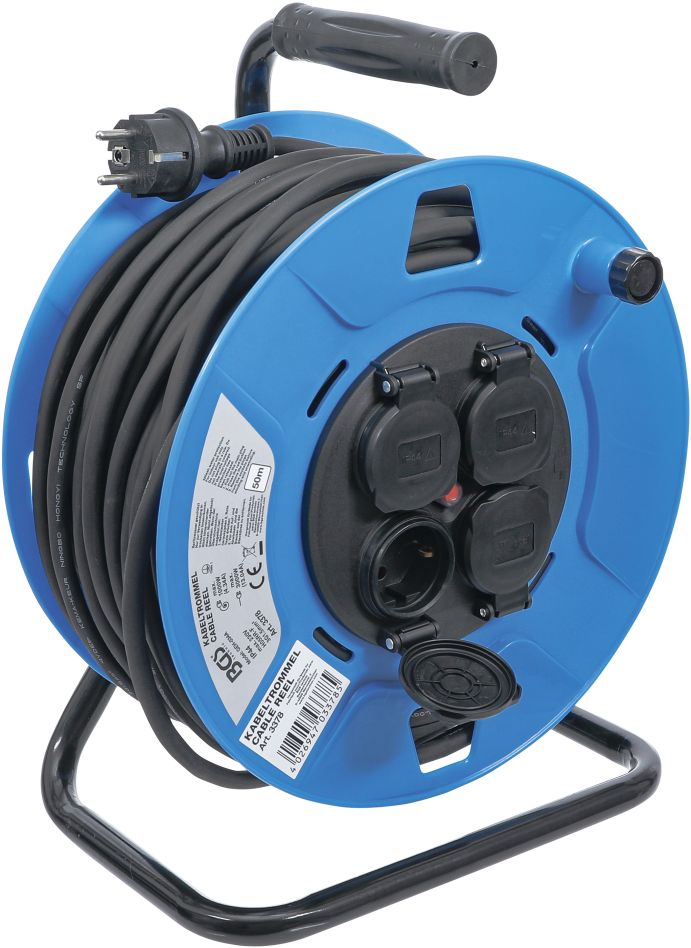 Avvolgicavo BGS 3378 da 50 m, 3 x 1,5 mm², 4 prese con cappuccio protettivo, IP 44, 3500 W.