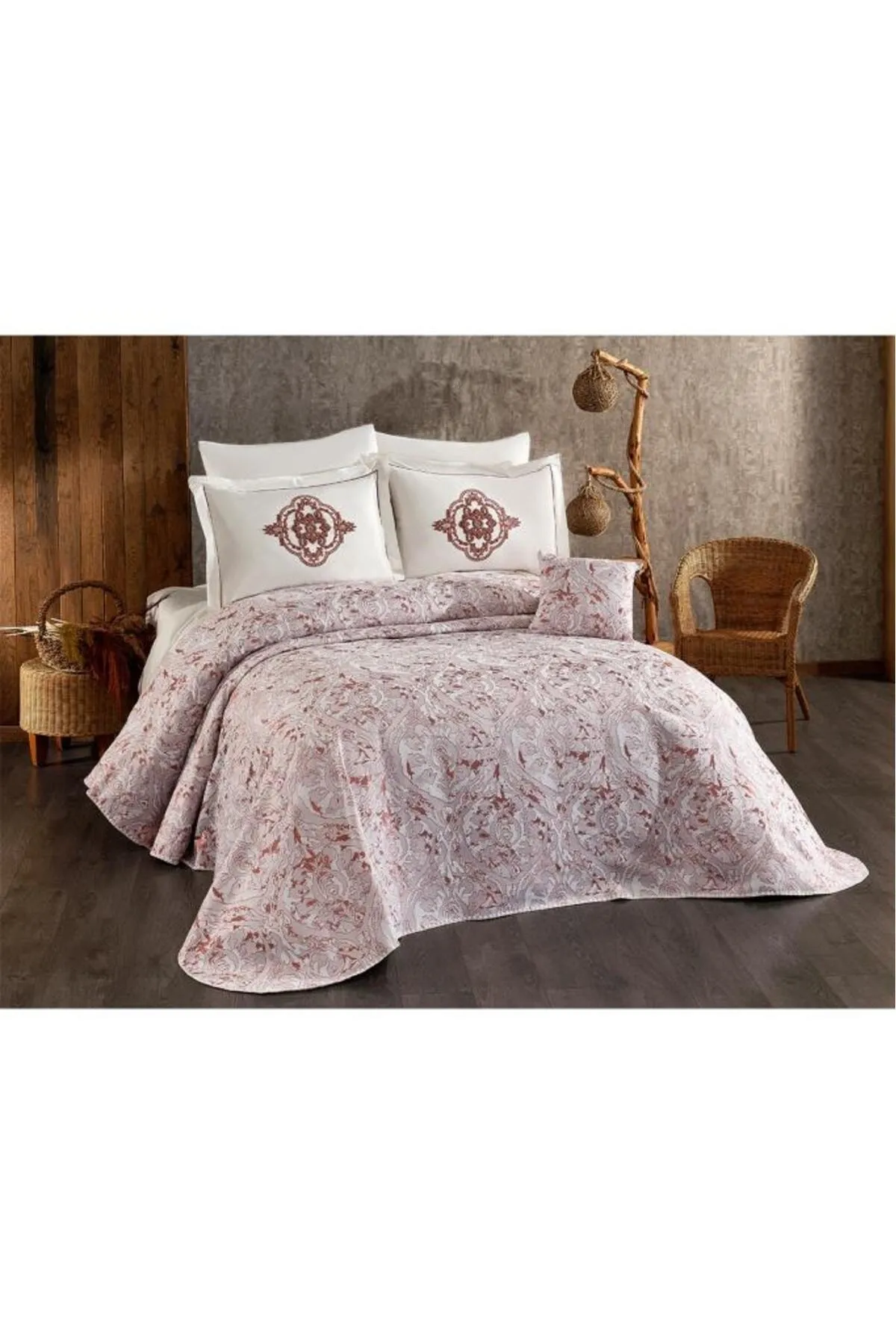 Çeyiz Diyarı  Elite 7-teiliges Chenille-Pique-Set, Creme – Weinrot