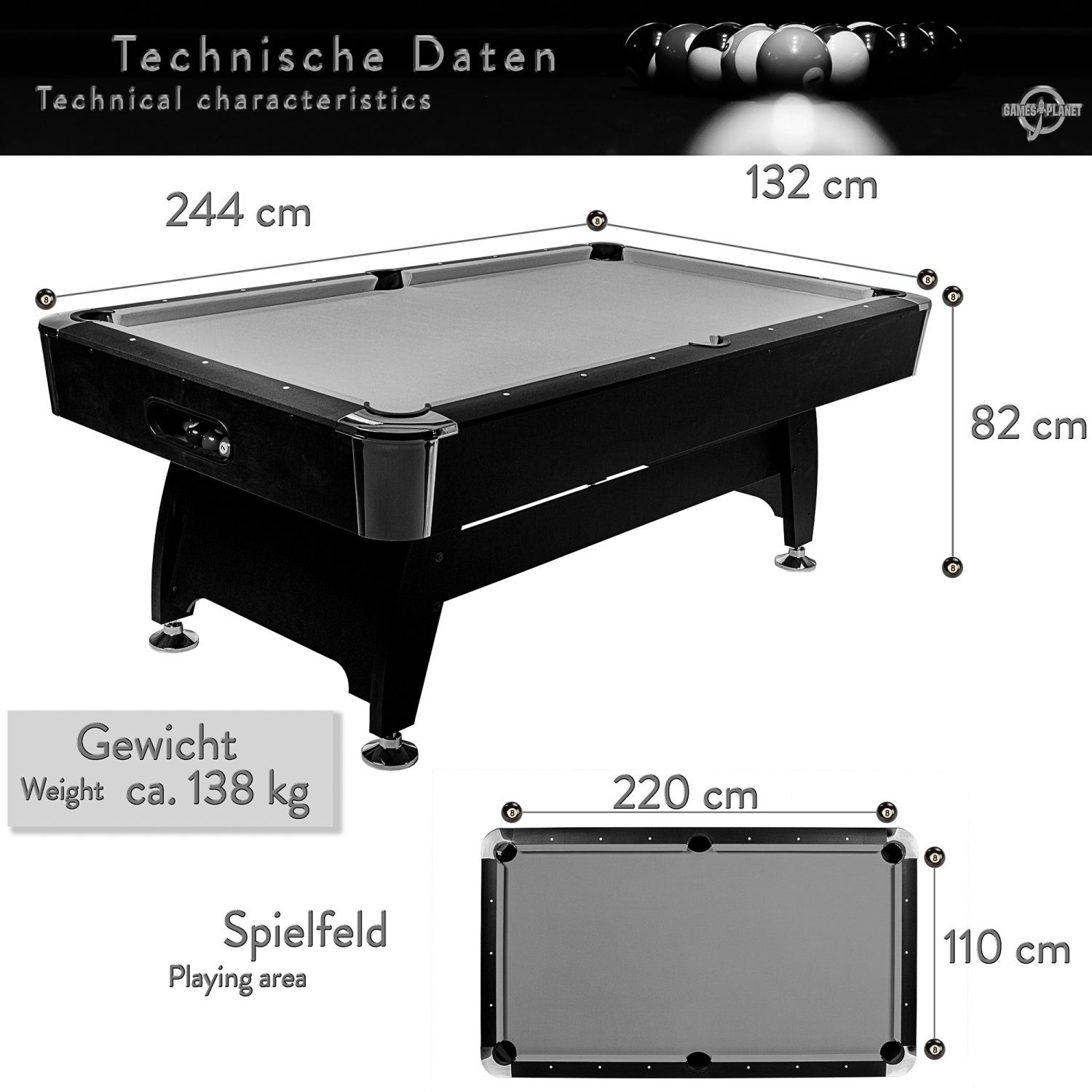 GAMES PLANET Billardtisch Games Planet 8 ft Billardtisch, 9 Farbvarianten, 244x132x82 cm (LxBxH)