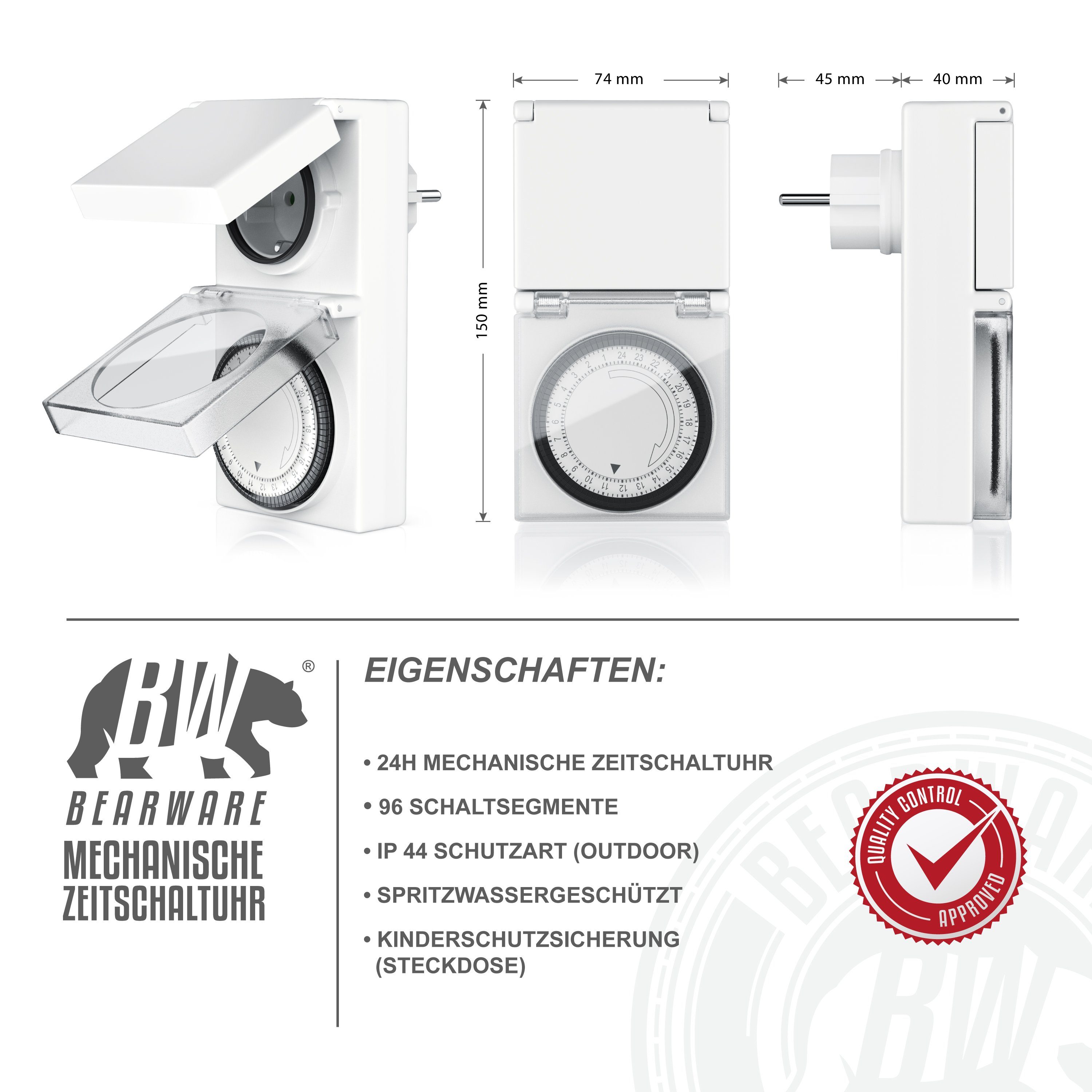 BEARWARE Zeitschaltuhr, mechanisch, 24h Zeitschaltuhr Outdoor spritzwassergeschützt / für Innen und Außen